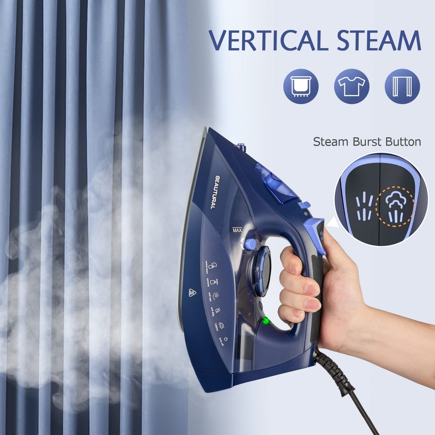 BEAUTURAL Plancha de vapor para ropa con esfera de termostato de precisión, suela recubierta de cerámica, 3 vías, auto-limpieza, anticalcio, antigoteo