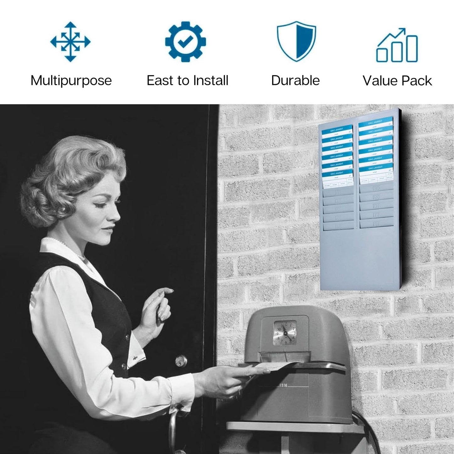 flexzion tiempo Tarjeta Rack soporte de pared compatible con asistencia tiempo Payroll grabadora reloj para oficina de almacenamiento uso interior y exterior en gris, Azul, 24 Pock