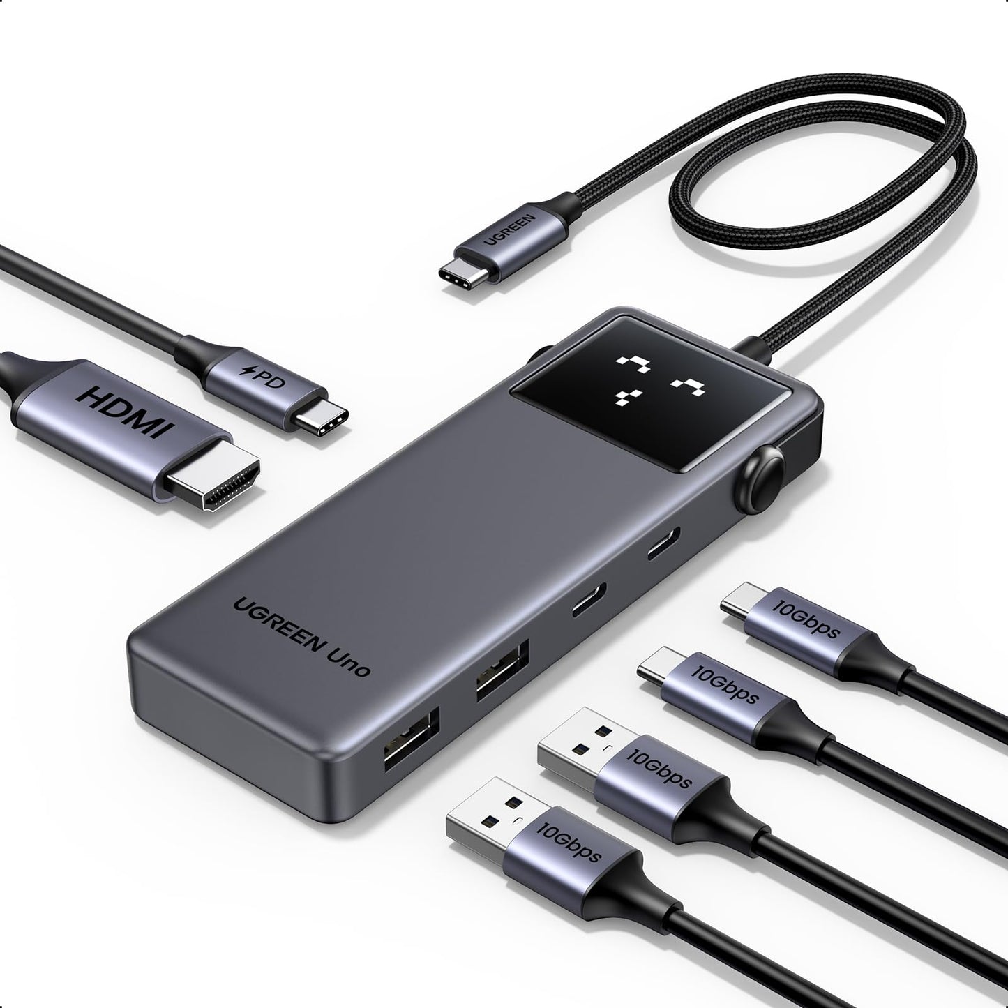UGREEN Uno Hub USB C, 6 en 1 Robot Adaptador USB C 3.2 Gen 2 con HDMI 4K 60Hz, 2*USB y 2*USB C 10Gbps, Carga 100W Compatible con MacBook Pro Air Surface Chromebook DELL XPS y Más Dispositivos Tipo C