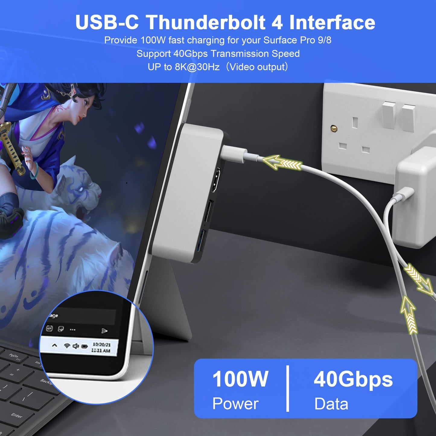 Adaptador USB C Hub Surface Pro 8 HDMI 4K USB-C Thunderbolt 4 para Triple Visualización y Ranura para Tarjeta TF