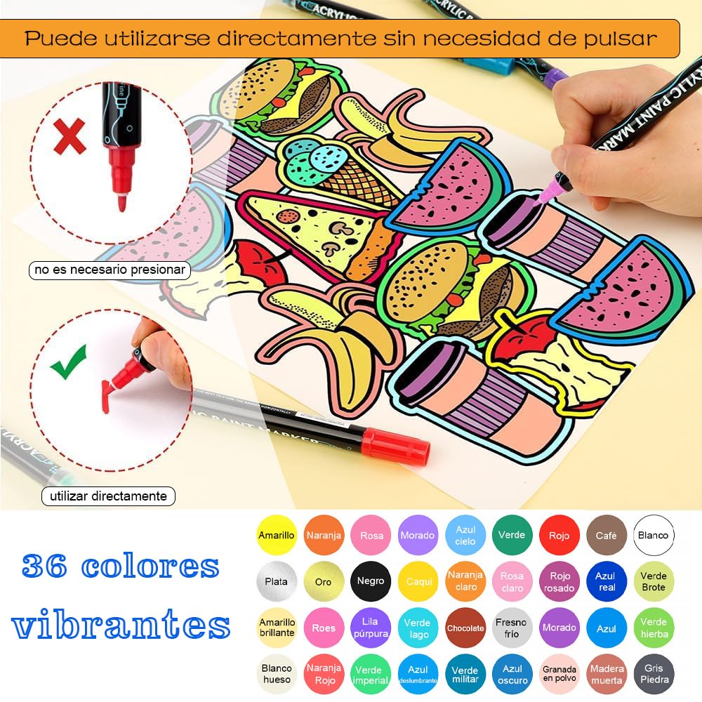 ADGIJNNOUW 36 Colores Plumones Acrilicos Doble Punta, Rotuladores Acrilicos, Resistente al Agua, Seguro, Acrylic Markers para Piedras, Cristal, Madera, Cerámica, Plastico, Huevos de Pascua