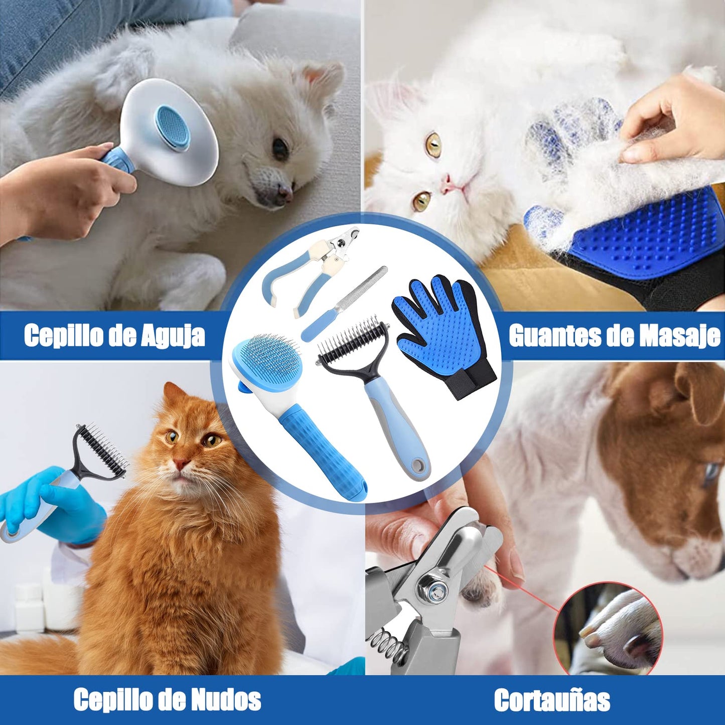 Cepillo para Perros y Gatos, 5 en 1 Herramientas de Aseo para Mascotas, Cepillos para Pelo Largo y Corto, Peine de Limpieza, Cepillo de Desprendimiento, Cortaúñas, Especializado para Depilación Masaje y Peinado, Azul