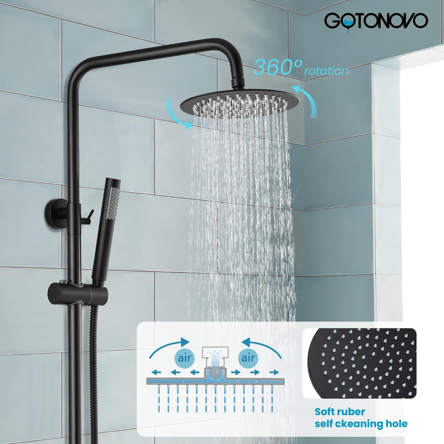 Juego de sistema de ducha con pulverizador de mano y boquilla de tina de acero inoxidable negro mate, mango cilíndrico de 20,32 cm, cabezal de ducha de lluvia, grifo de ducha, montaje en pared, triple función