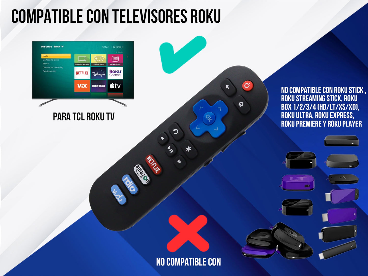 Control Remoto Compatible con TCL ROKU RC280 Smart TV 65US5800 43UP130 50UP130 55UP130 43FP110 49FP110 55UP120 32S4610R 40FS4610R 50FS3750 55FS3750 Boton para Netflix, Vudu y Amazon