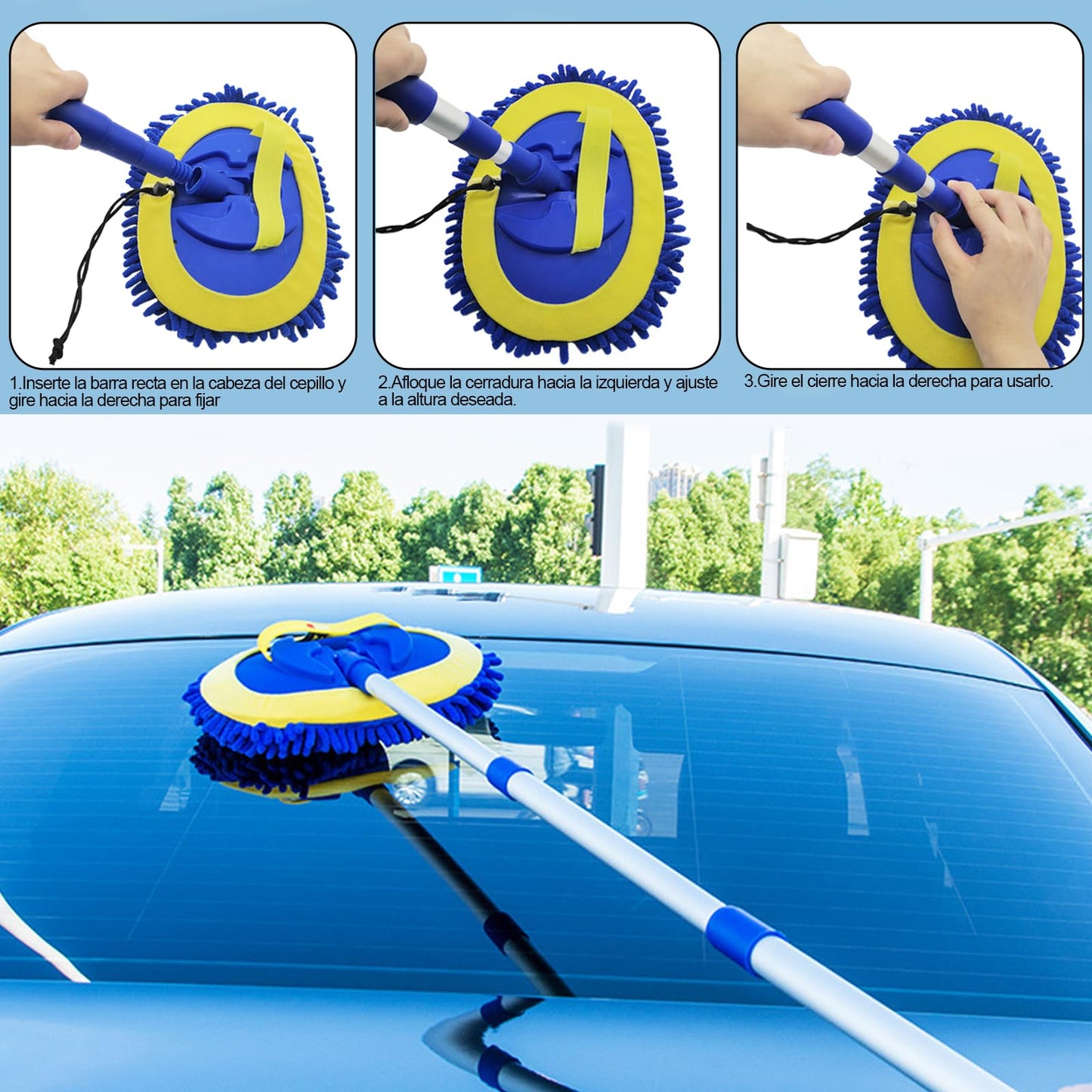 Bonieset Chenilla Microfibra Cepillo para Polvo de Lavado de Coche con Mango Largo, Kit de Limpieza de Coche Incluye Cepillo de Lavado de Coche, Cabezales de fregona, Toalla, Plumero de ventilación