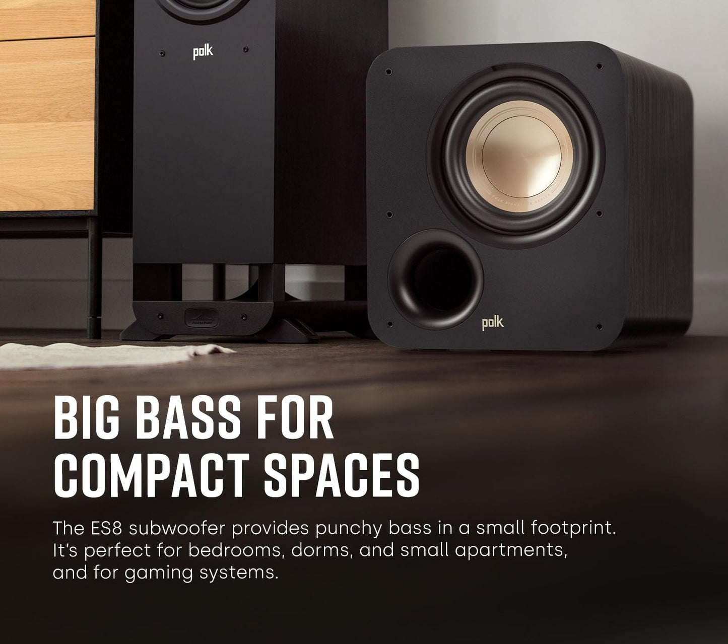 Polk Audio Signature Elite ES8 Subwoofer (Negro), woofer de 8 Pulgadas de Largo Alcance con Cono de polímero Relleno Mineral, Amplificador de Clase D de 100 W, subwoofer de Inicio de Disparo Frontal,