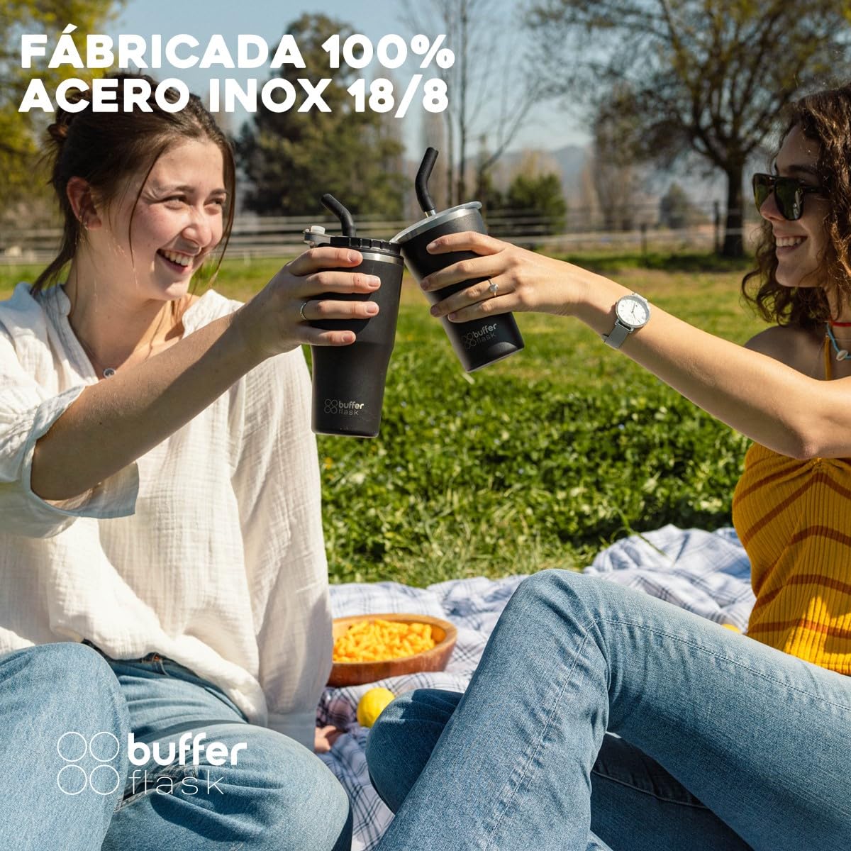 Buffer Flask - Vaso Térmico 600 ml - Termo para Café y Agua de Acero Inoxidable - Tapa Anti Derrame y Fugas - Taza Tumbler Mug para Bebidas Frías y Calientes - Incluye Popote - Color Negro