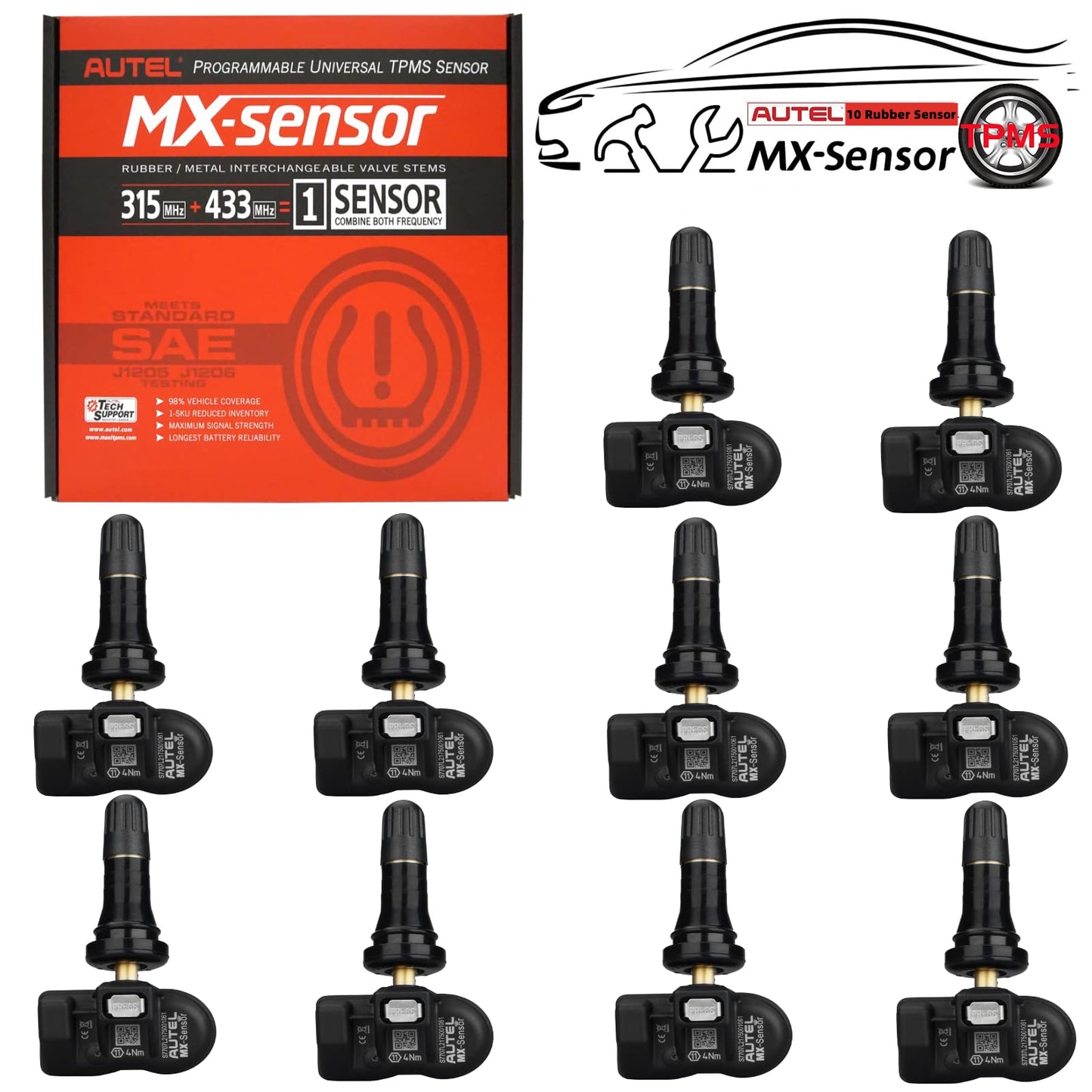 Autel MaxiTPMS MX - Sensor 10 unidades de tallo de goma 315/433MHz TPMS Sensor universal de neumáticos programado por TPMS Tool TS401 TS408 TS508 TS601 TS608 MK808TS MX808TS MS906TS ITS600