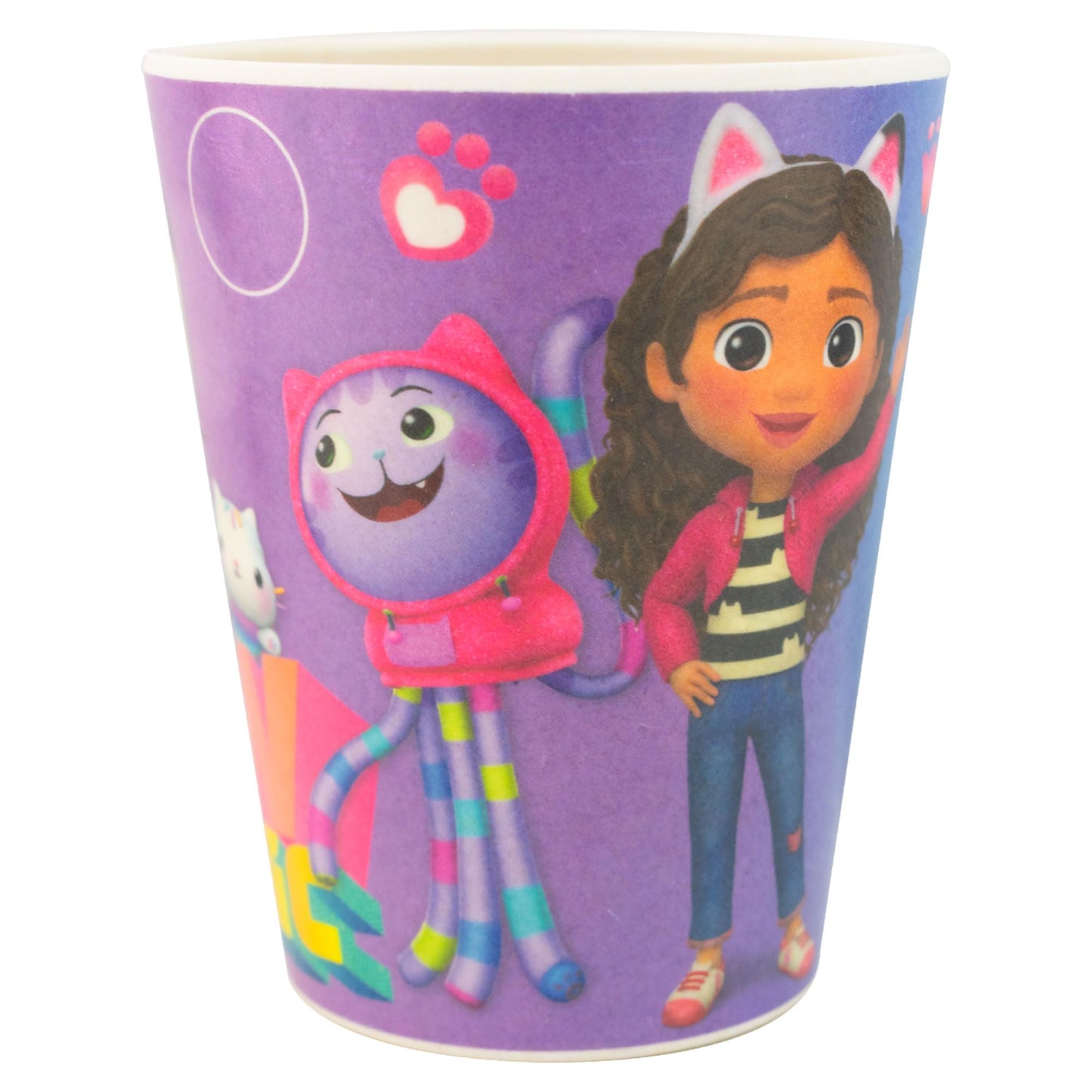 FunKids 1725-684 Vajilla Infantil Individual, Fibra de Bambú, Diseño Gabby’s Doll House y Amigos, Colección Universal Studios, Vajilla 5 Piezas: Plato Trinche, Tazón, Vaso y Cubiertos, Morado y Rosa