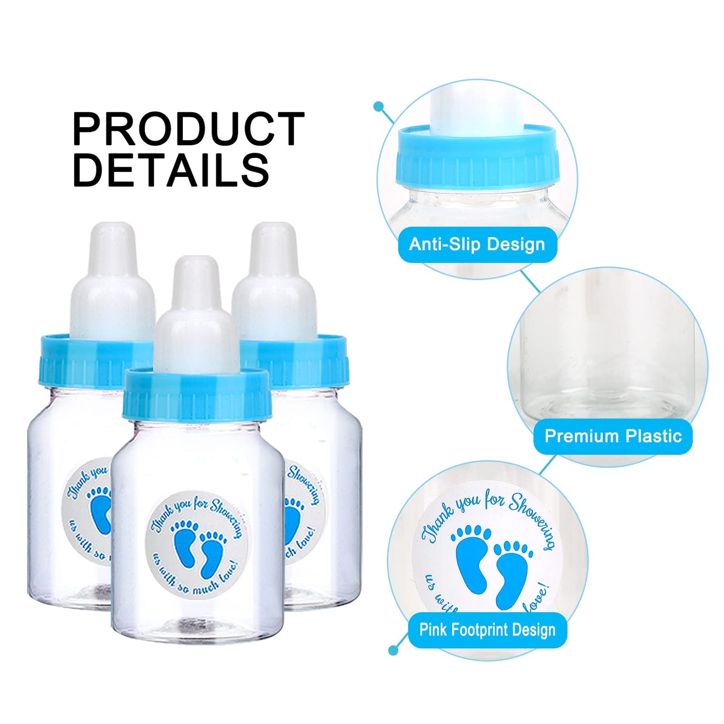 72 piezas de mini botellas de leche para baby shower, color blanco, mini biberones de plástico baratos para baby shower, recuerdos de fiesta, decoración de juegos de fiesta de baby boy shower (azul)