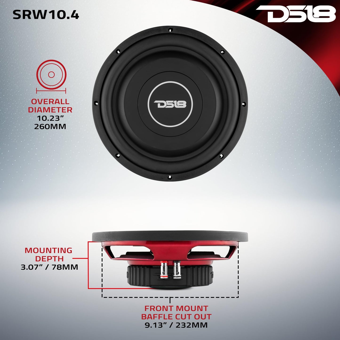 DS18 SRW10.4 Subwoofer de Coche Poco Profundo de 10 Pulgadas, 400 vatios, Bobina de Voz única, 4 ohmios (1 Altavoz)