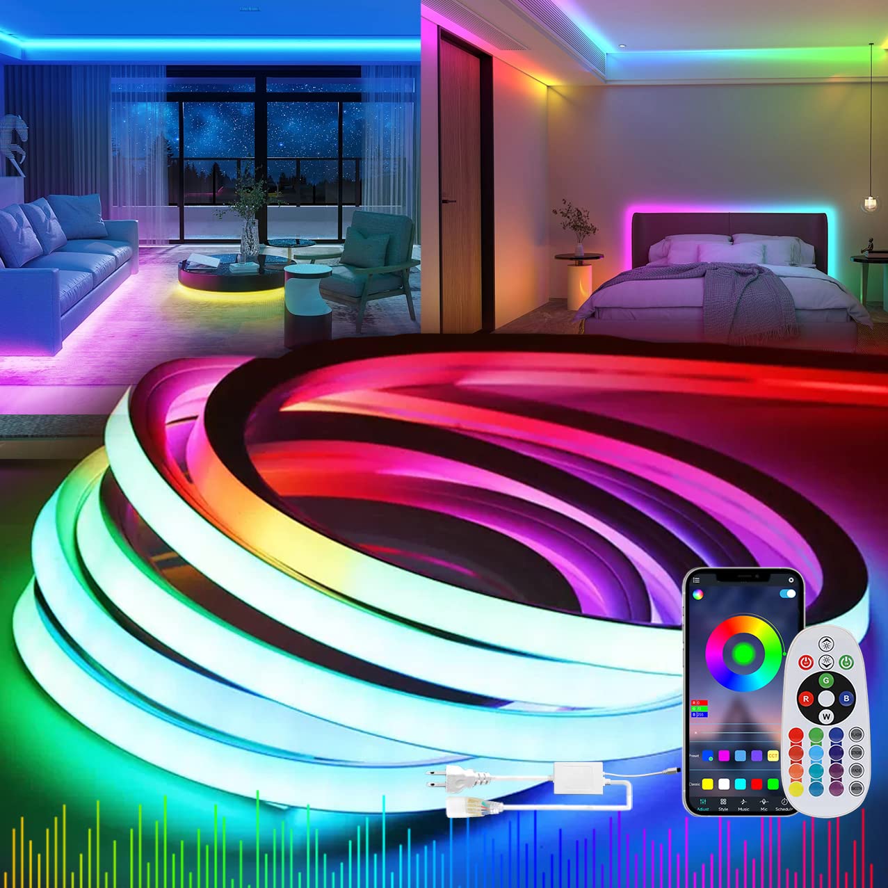 KSIBNW Tira de luz LED de Neón de 10 m con Control Remoto de Aplicación, IP 65 Impermeable, Sincronización de Música, Multicolor AC 110-120 V, Cuerda LED Flexible para Decoración del Hogar/Jardín/Edificio