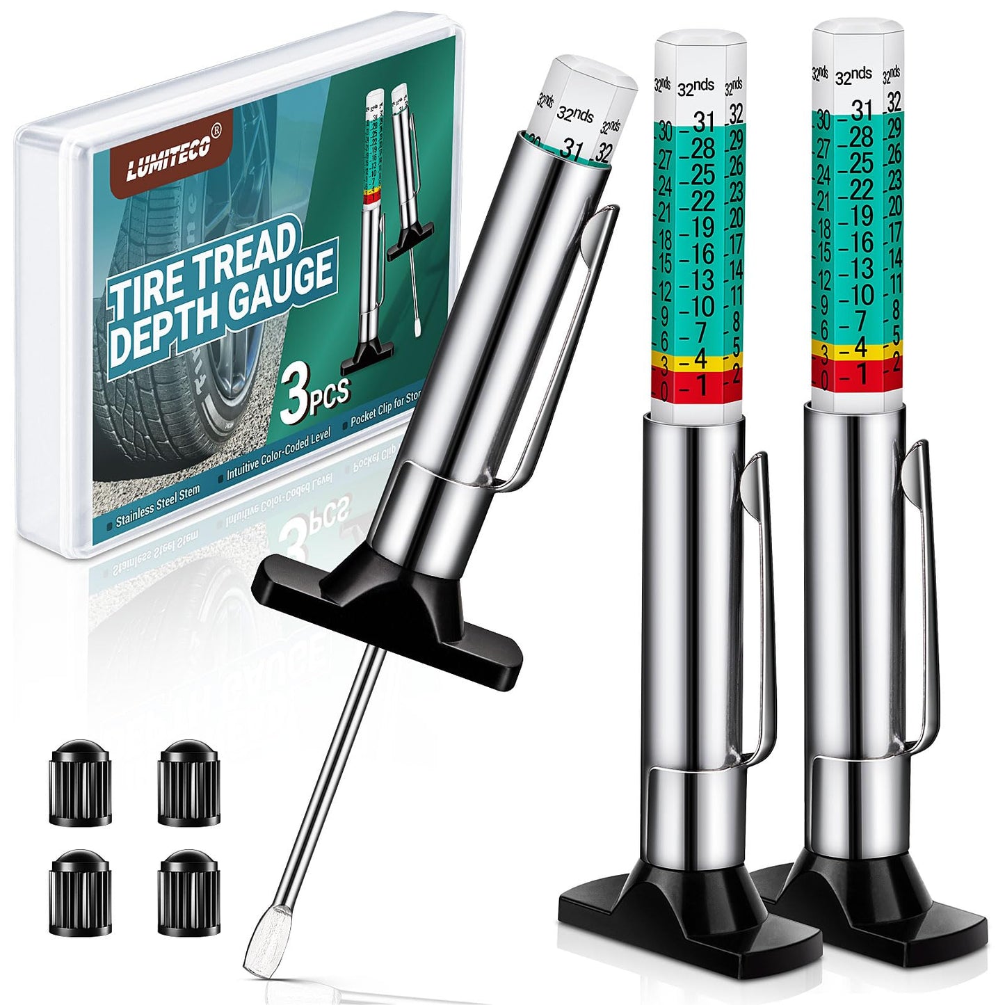 LUMITECO - Paquete de 3 calibradores de profundidad de banda de rodadura de neumáticos codificados por colores en 1/32 pulgadas, medidor de profundidad eficiente de banda de rodadura de 32 pulgadas,