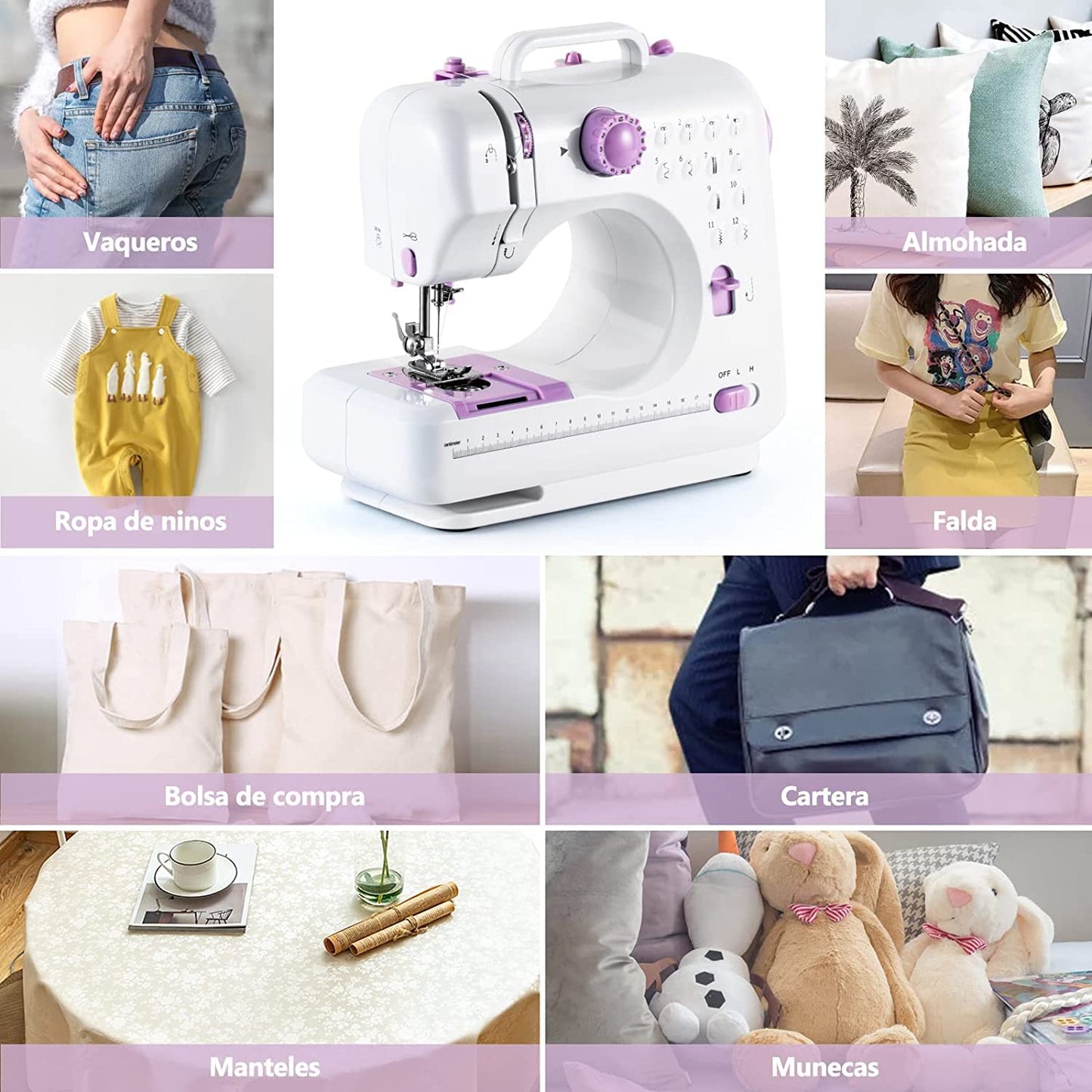 LÍMITE-MX Mini Maquina de Coser Electrica,Máquina de Coser 12 Puntadas Máquina de Coser Portatil con Luz de LED,Función de Patchwork, Costura de Botones, Cremallera, Costura Cilíndrica, Máquina de Coser Electrica(Morado)