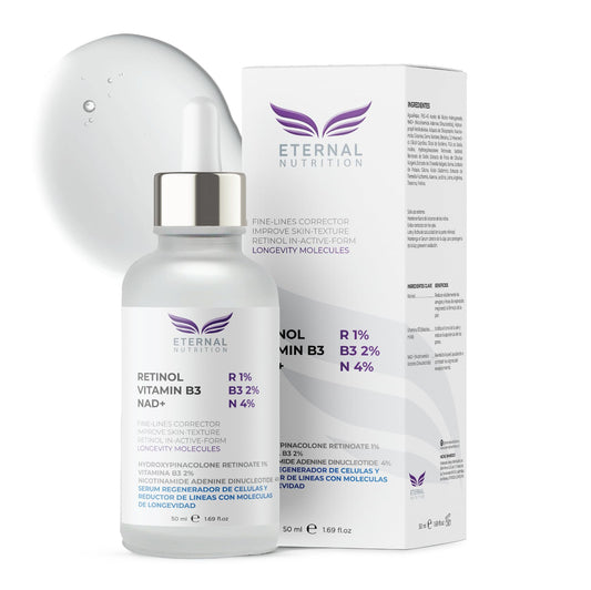 Serum RETINOL 1%, Vitamin B3 2%, NAD+ 4%. 50 ml. Suero Reductor de Líneas con Moléculas de Longevidad | Ingredientes Naturales | Skin Care | Piel Sana y Joven Uniforme | Textura Ligera | Para Todo Tipo de Piel by ETERNAL NUTRITION