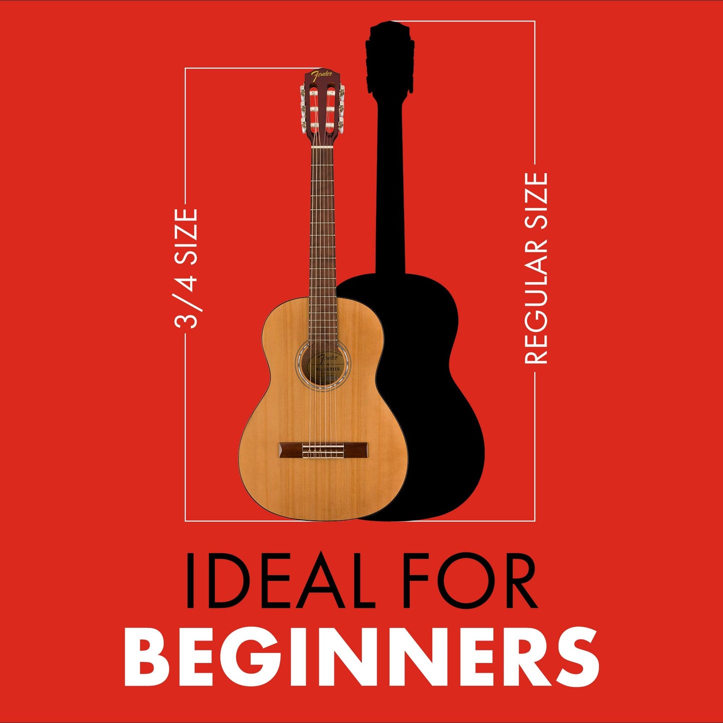 Fender Kit de inicio de guitarra acústica de tamaño 3/4 para principiantes con cuerdas de nailon, bolsa, afinador, correa y garantía de 2 años