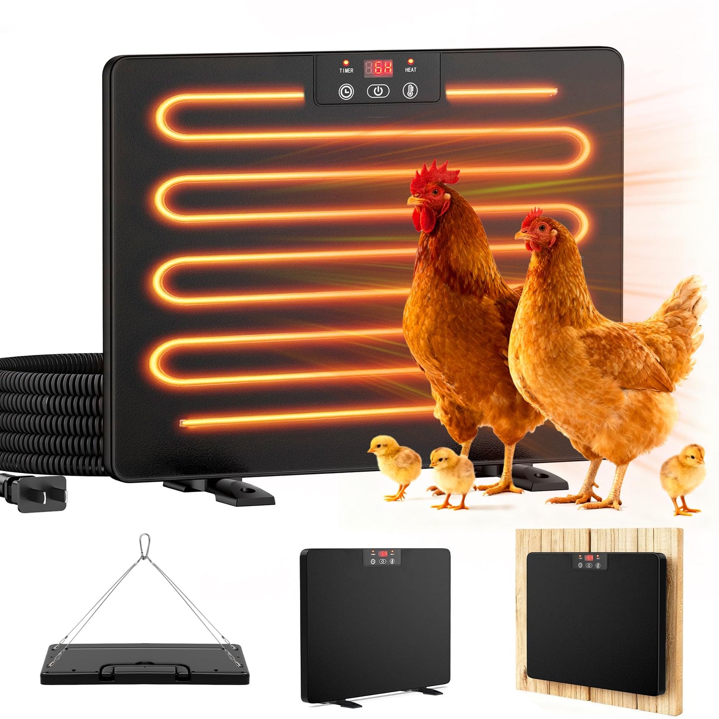 Calentador inteligente de gallinero, calentador de pollo de 200 W con regulador de temperatura y temporizador, calentador de pollo de panel plano de calor radiante para pollos de invierno, aves de