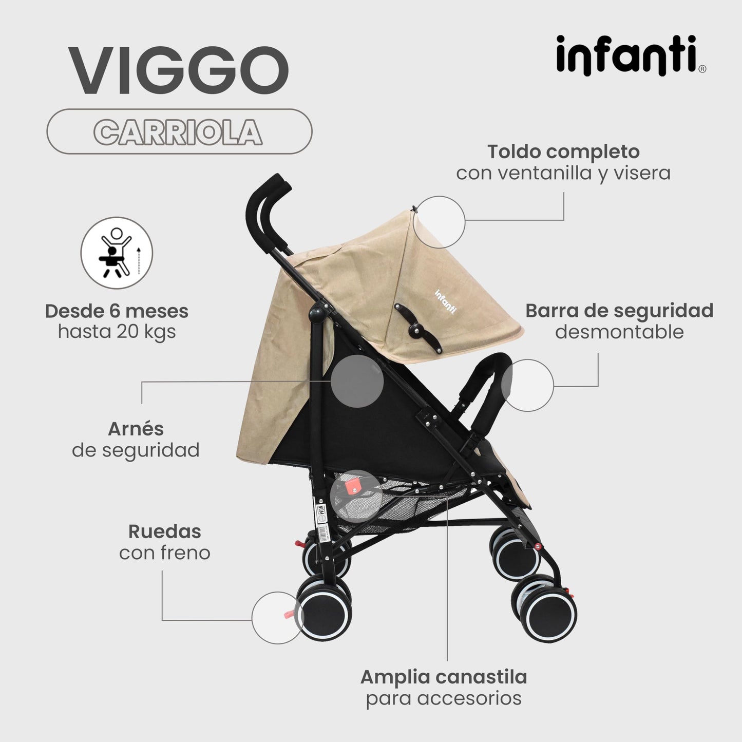 INFANTI | Carriola para Bebe VIGGO - Beige | Carriola de Viaje - Carrito para Bebe | Cosas para Bebes 6 Meses hasta 20 kg - Compacta y Plegable | Carriola con Toldo extensible y Arnés de Seguridad