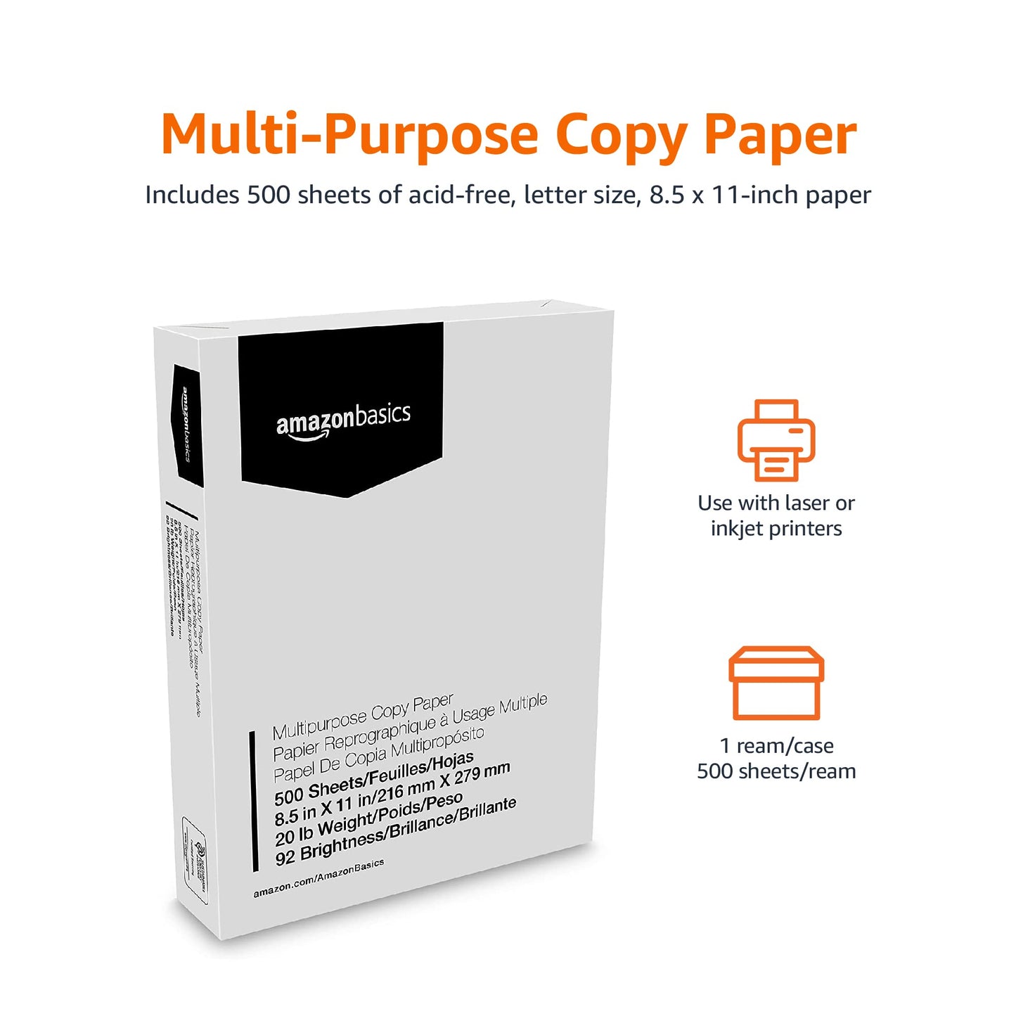 Canon GI-190 BK Lam + Amazon Basics - Papel Multiusos para Impresora de Copia, 8.5 x 11 Pulgadas, Papel de 20 Libras, 1 resma (500 Hojas), Blanco Brillante 92 GE