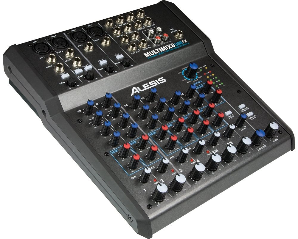Alesis MultiMix 8 USB FX - Mezclador de estudio de 8 canales con efectos incorporados e interfaz audio USB para sonido en directo y grabación en casa