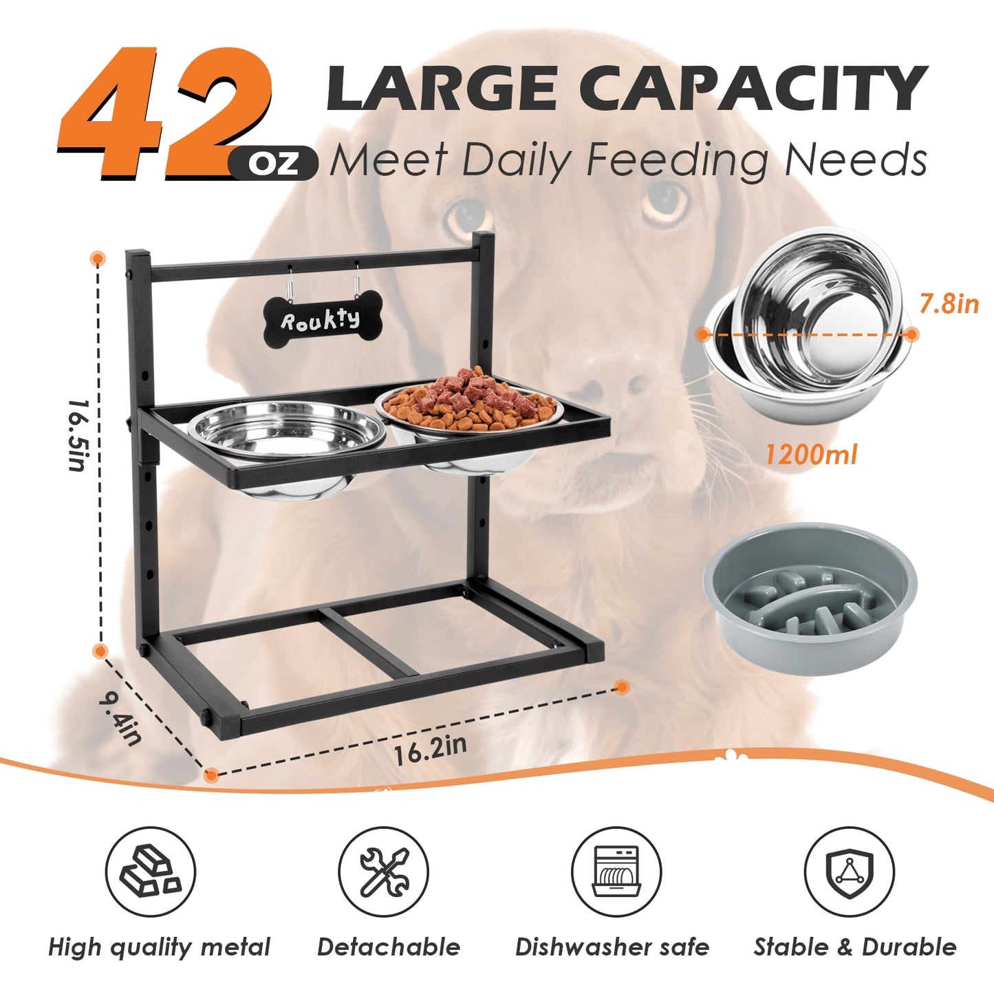ADENGL Cuencos elevados para perros con comedero lento, 5 alturas ajustables (4-12 pulgadas), 2 cuencos de acero inoxidable, para perros medianos y grandes