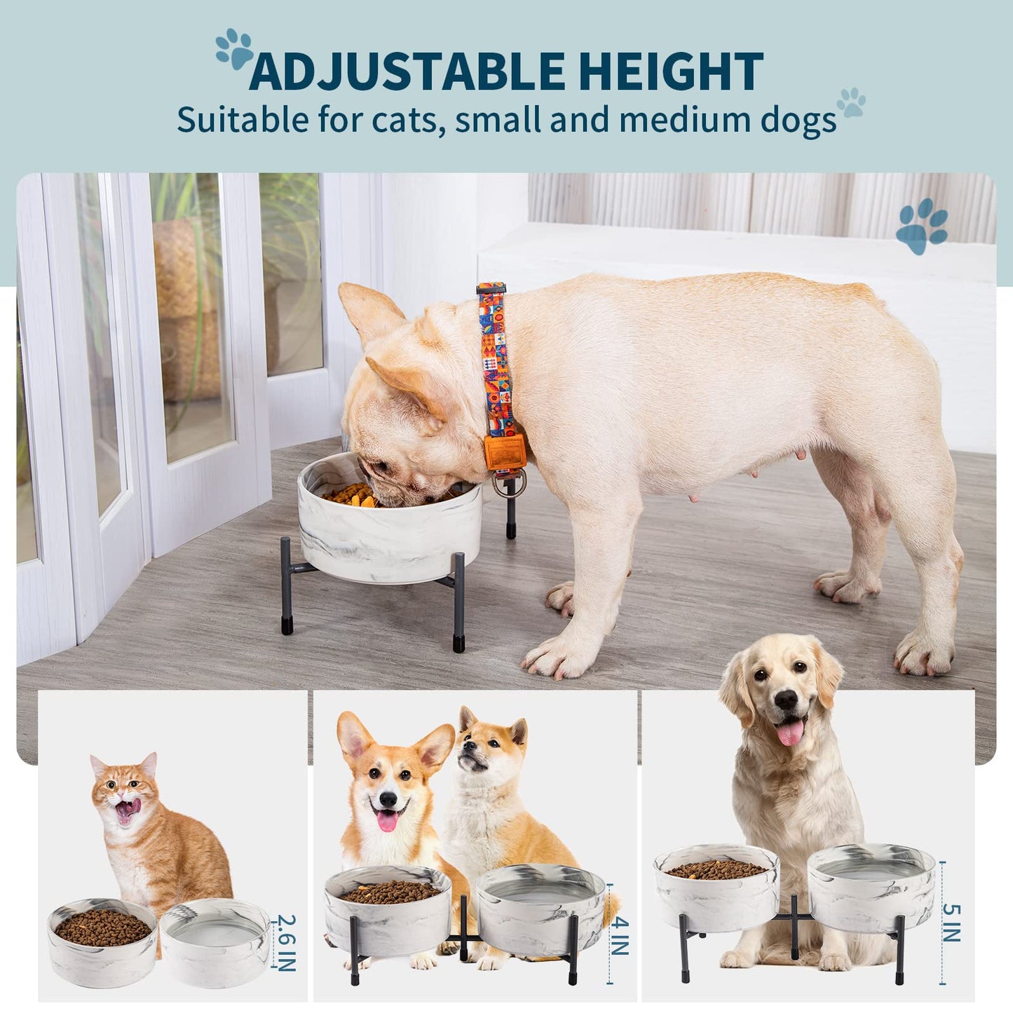 Cuencos de cerámica para perros y gatos de 32 onzas con soporte de metal elevado, juego de cuencos redondos de porcelana de 6 pulgadas, cuencos de alimentación para mascotas para gatos y perros, gris mármol, juego de 2