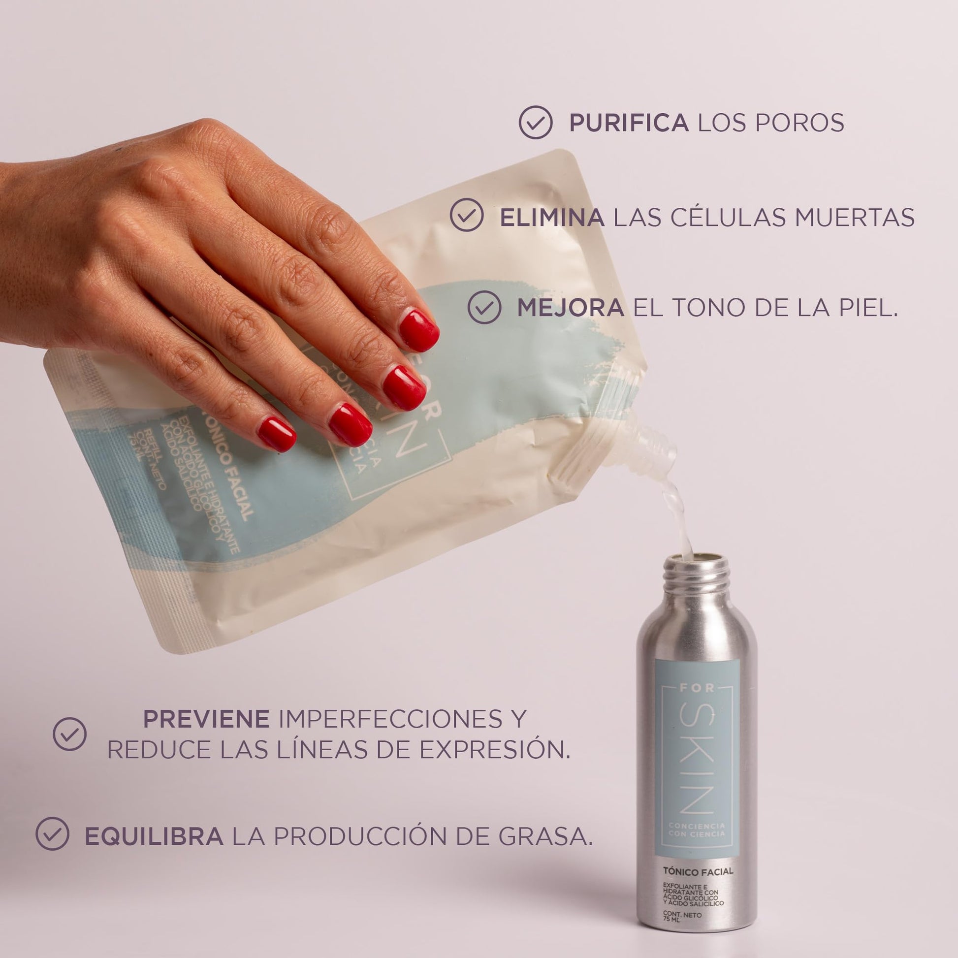For Skin Tónico facial exfoliante 75 ml | con ácido salicílico y glicólico | Mejora tono, textura y luminosidad | Elimina puntos negros y células muertas | Refill
