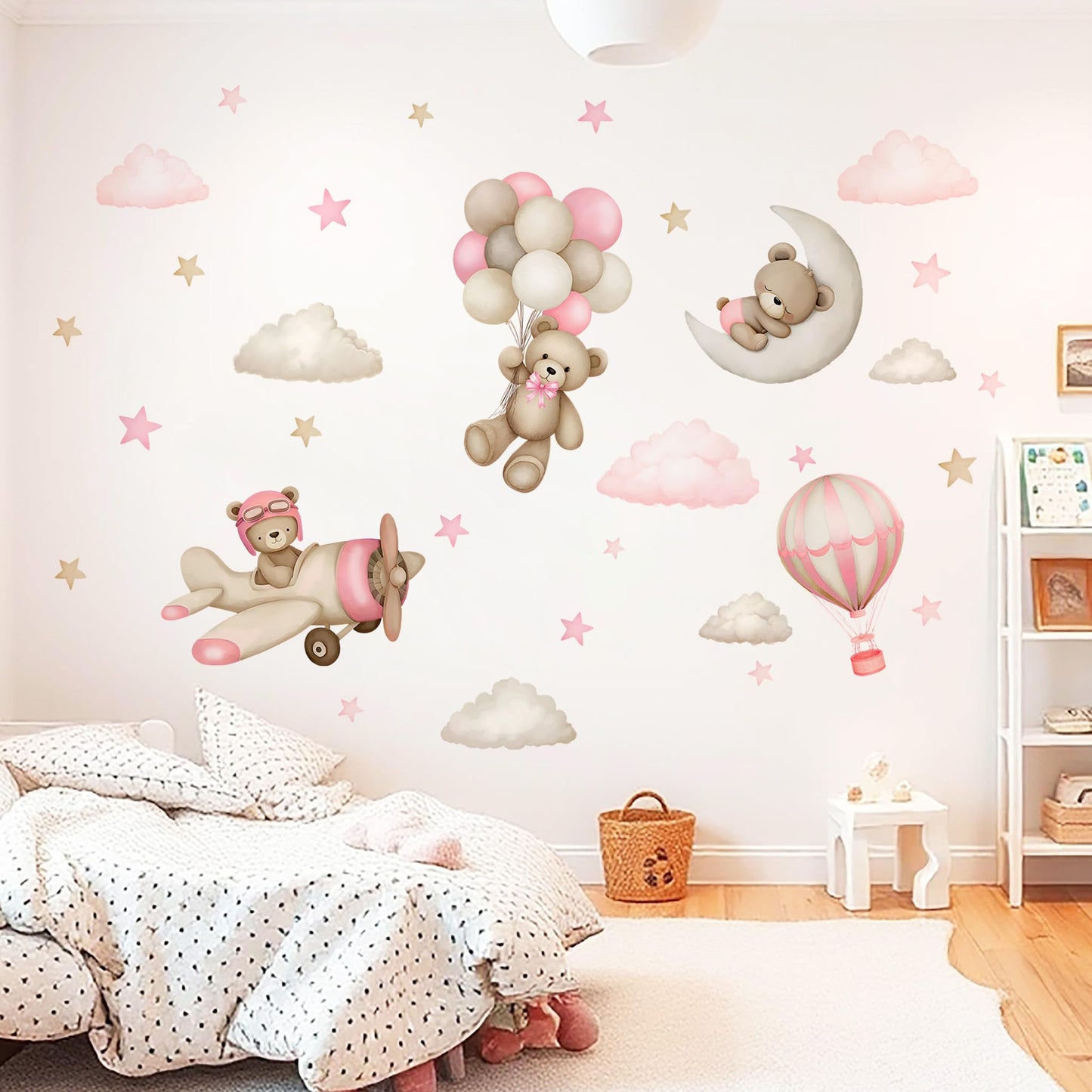 Calcomanías de pared de oso de peluche, diseño de oso de dibujos animados, globos de aire, estrella, luna, decoración de pared para habitación de niños, niñas y niños, habitación de bebé, decoración