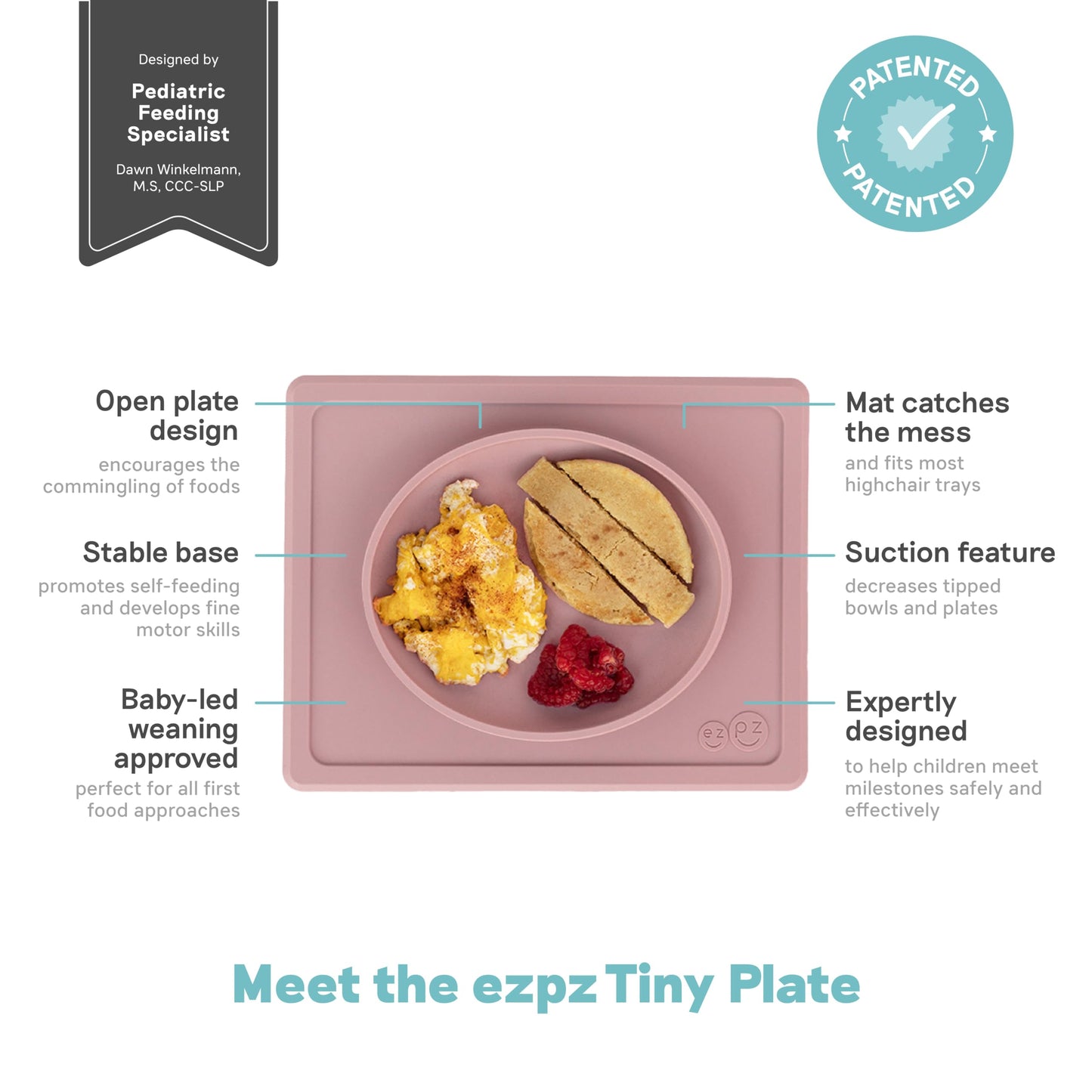 ezpz Tiny Plate (Blush) - Mantel individual de silicona con succión + plato para bebés - 6 meses + - Suministros de destete LED para bebés - Se adapta a la mayoría de bandejas para sillas altas