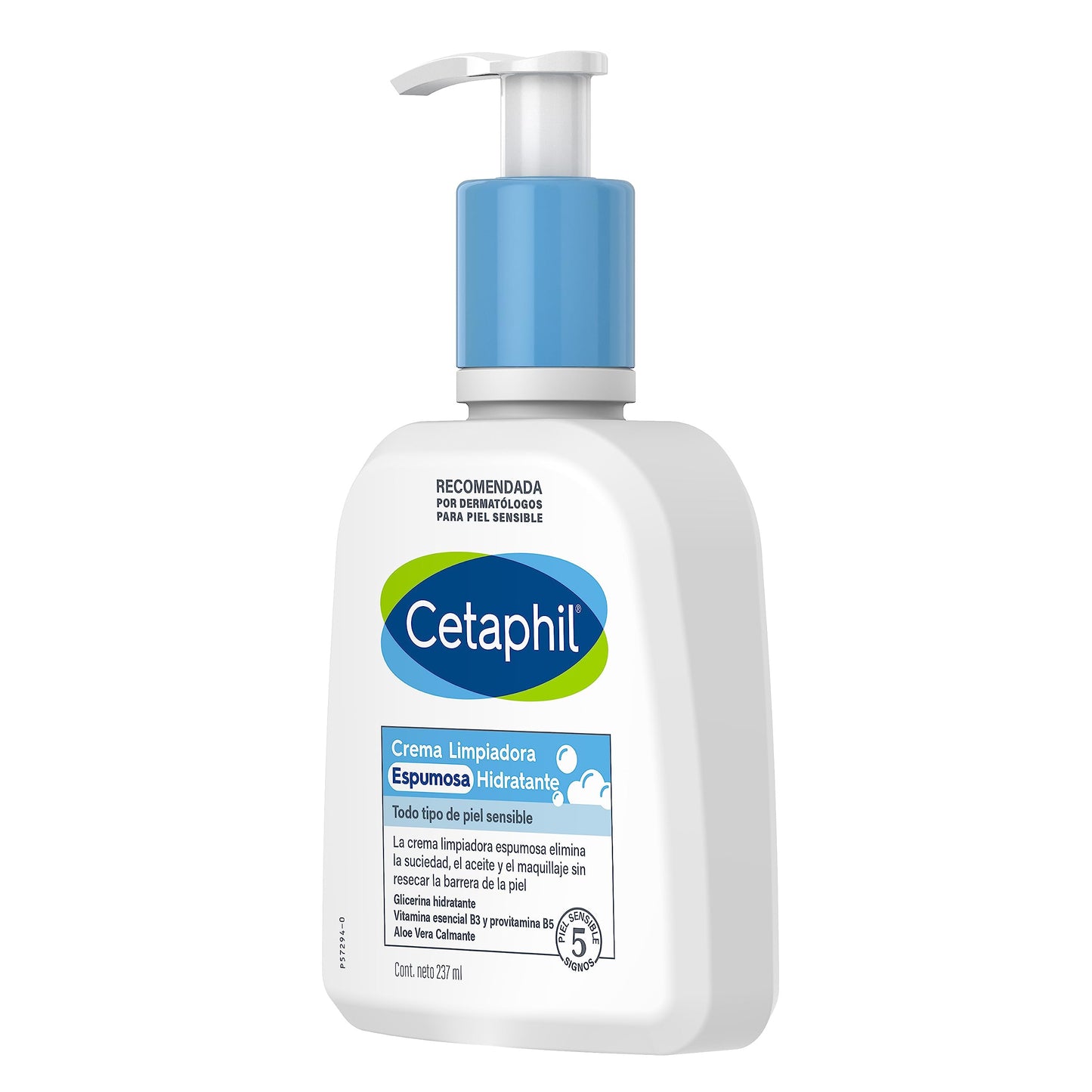 CETAPHIL Crema Limpiadora Espumosa Hidrantante, elimina la suciedad, aceite y maquillaje sin dañar la barrera de la piel, de 237 ml, Recomendada por Dermàtologos para Piel Sensible