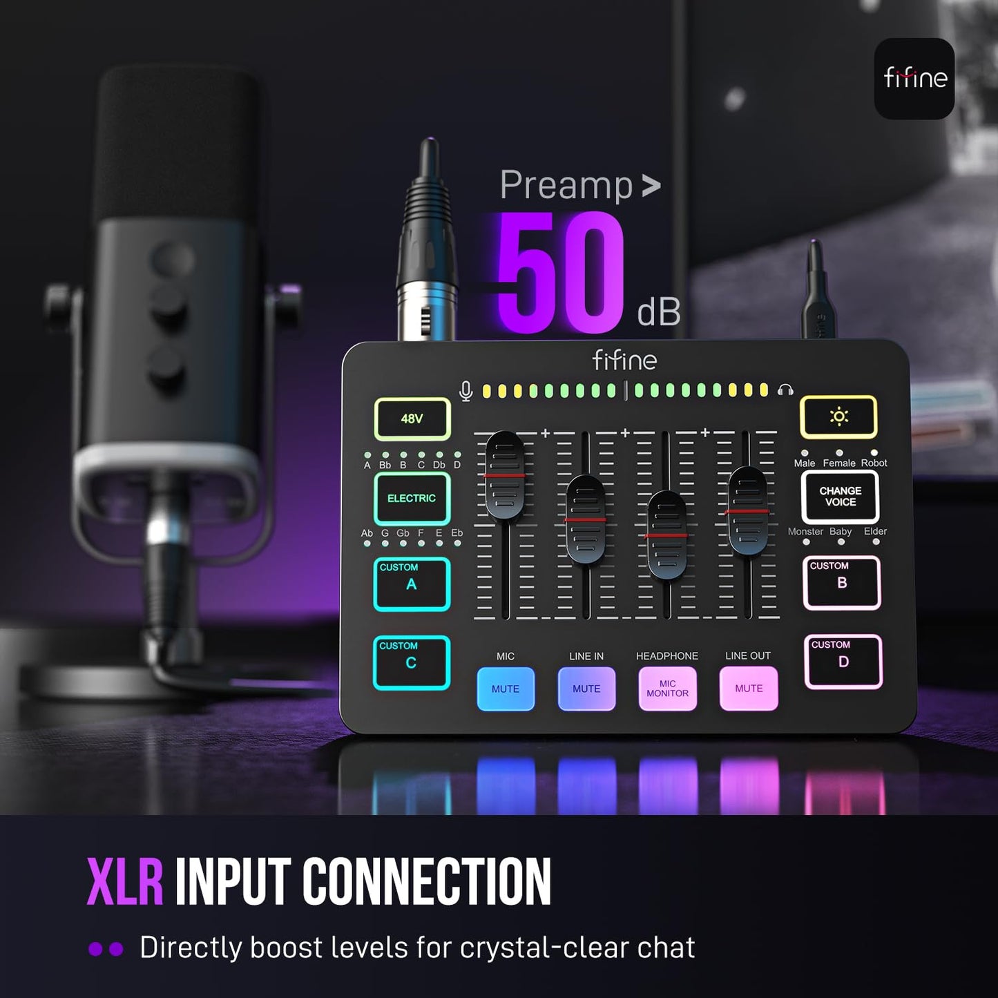 FIFINE Mezclador de Audio para Streaming, Mezclador RGB con Interfaz de Micrófono XLR, Atenuador de Volumen, Alimentación Fantasma de 48V en Mac/PC, para Voz de Gaming/Podcast/Grabación-AmpliGame SC3