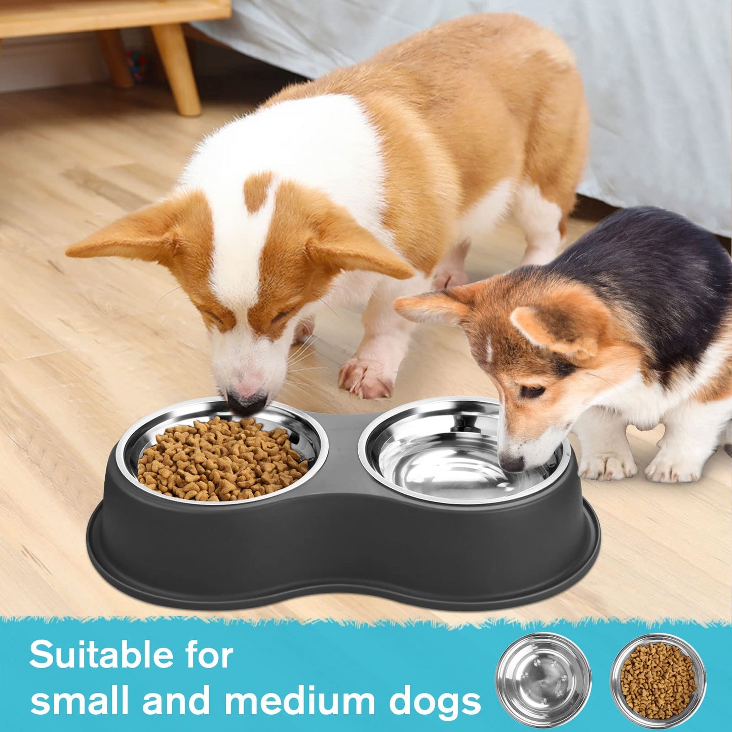 Cuencos dobles para perros de agua y alimentos, cuencos de acero inoxidable con estación de resina antideslizante, cuencos de comedero para mascotas para cachorros, perros medianos y gatos