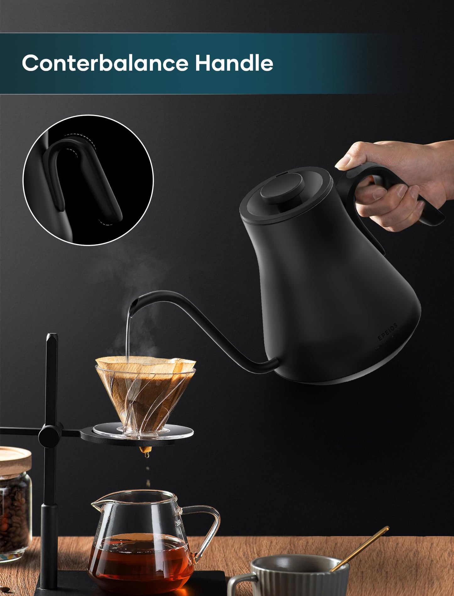 INTASTING Hervidor eléctrico de cuello de cisne, control de temperatura ± 0.5 °C, interior de acero inoxidable, calentamiento rápido, para verter sobre café o té, hervir agua, 0.9 L, negro
