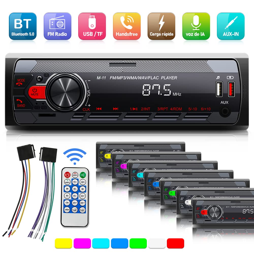 HIMICAR Autoestereo Reproductor Estereo para Automovil MP3, Control por Voz, Dual USB Apoyar AUX/TF/Disco U/FM Bluetooth Estereos con Tarjeta, Llamada Bluetooth + Control Remoto FM
