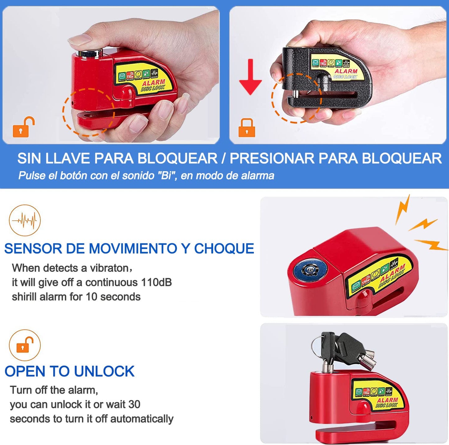 Alarma de Freno de Disco Impermeable de Seguridad para Motocicleta Scooter Rojo con Sonido de 110dB y Cable de Alerta de 4,3 Pies