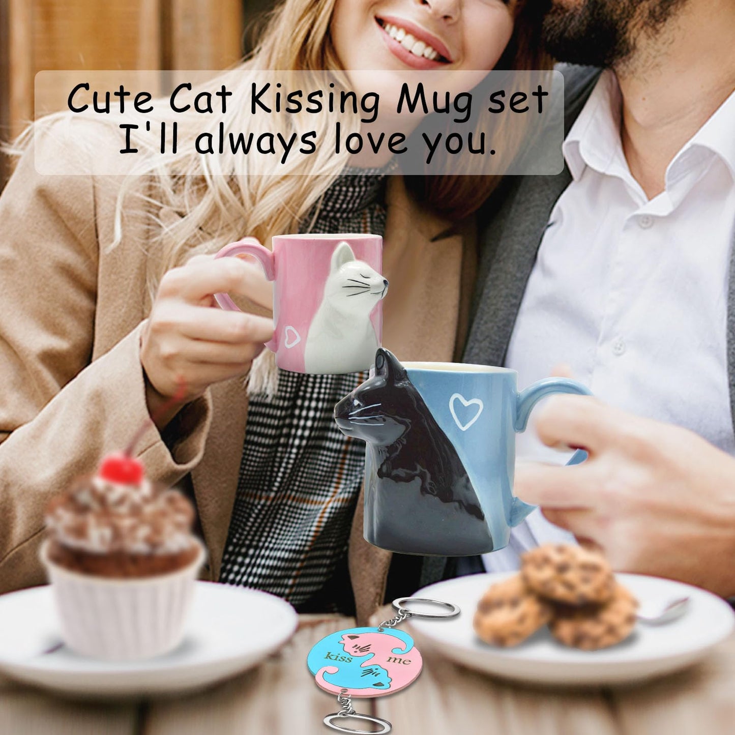 Juego de tazas de café con diseño de gato beso, juego de tazas de cerámica para novia y novio, regalo a juego para cumpleaños, aniversario, boda, compromiso, día de San Valentín, novia, esposa (taza de gato)
