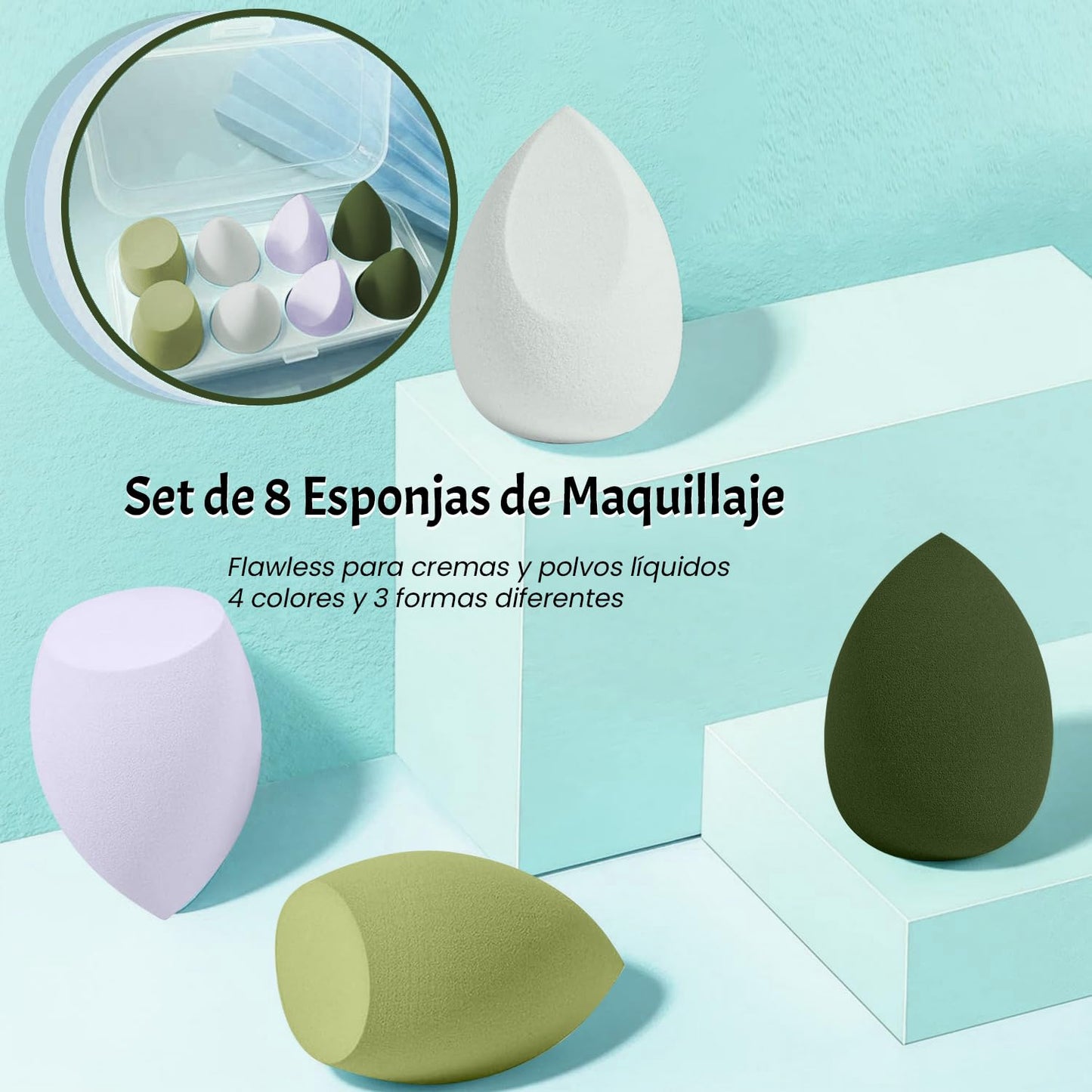 Set de 8 esponjas de maquillaje en 3 formas | Beauty Blender para aplicación en piel seca y húmeda | Esponjas faciales de maquillaje en color verde | Kit profesional para maquillaje completo