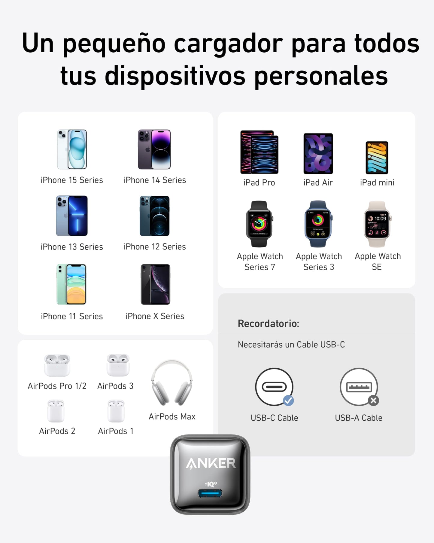 Anker Cargador USB C de 20 W, Cargador 511 (Nano Pro), PIQ 3.0 Cargador rápido Compacto para iPhone 15/15 Plus/15 Pro/15 Pro MAX, Serie 14/13/12, Galaxy, Pixel 4/3, iPad (Cable no Incluido)