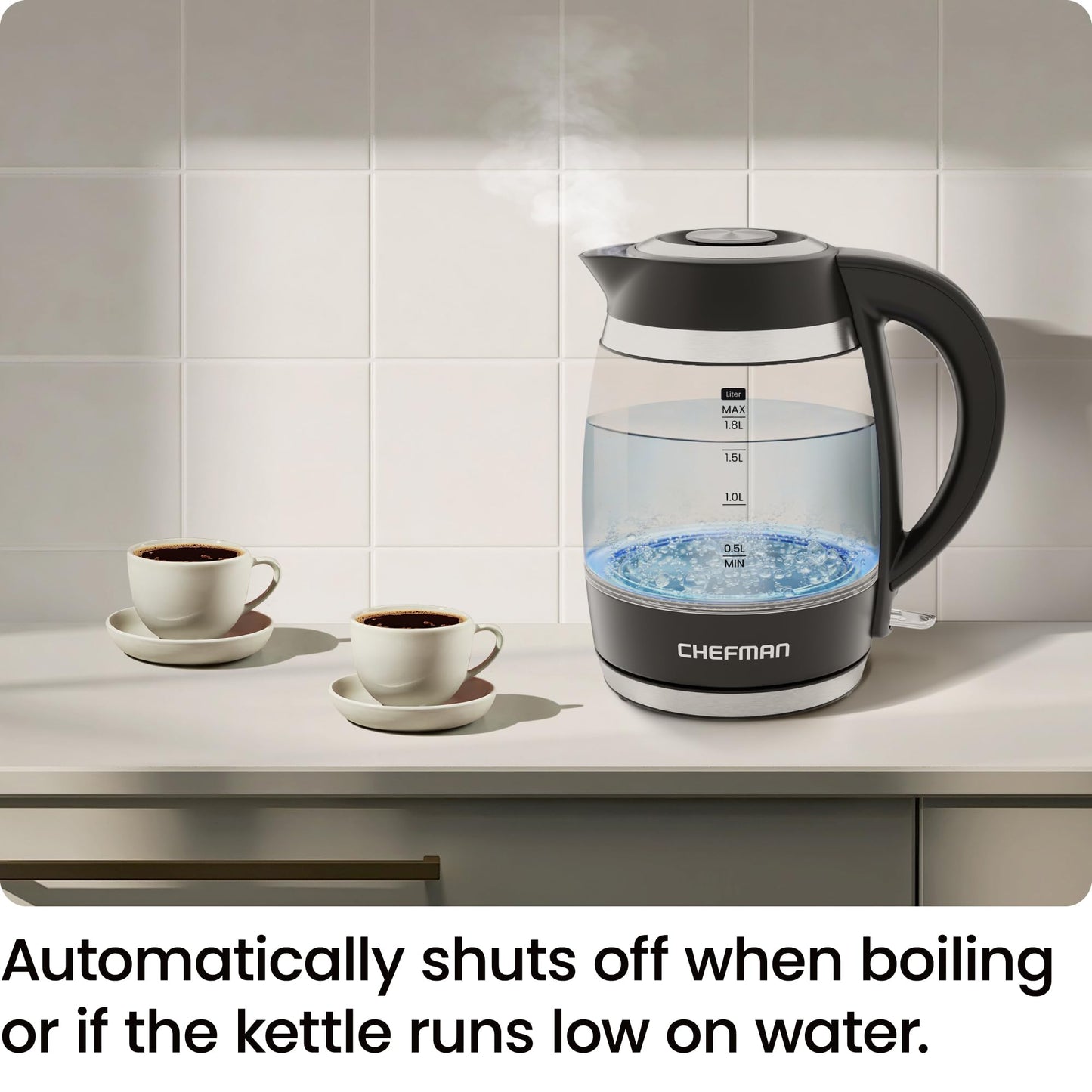 Chefman Hervidor eléctrico para agua hirviendo, 1.8L 1500W, agua caliente en 3 minutos, luces LED, apagado automático, protección de ebullición y secado, hervidor de té eléctrico de vidrio negro
