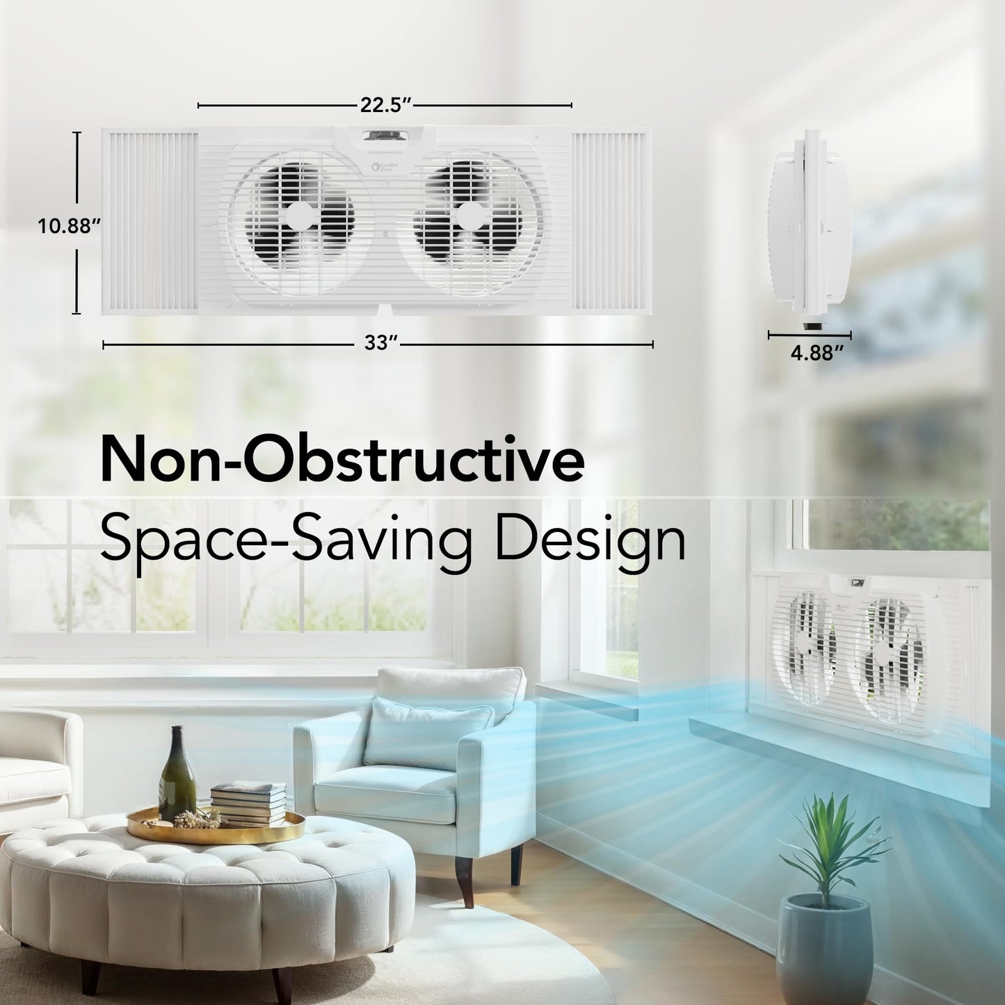 Comfort Zone - Ventilador de ventana para recámara, ventiladores dobles de 3 velocidades de 9 pulgadas con expansores de bloqueo automático, ventilador de escape de ventana, visualización de errores