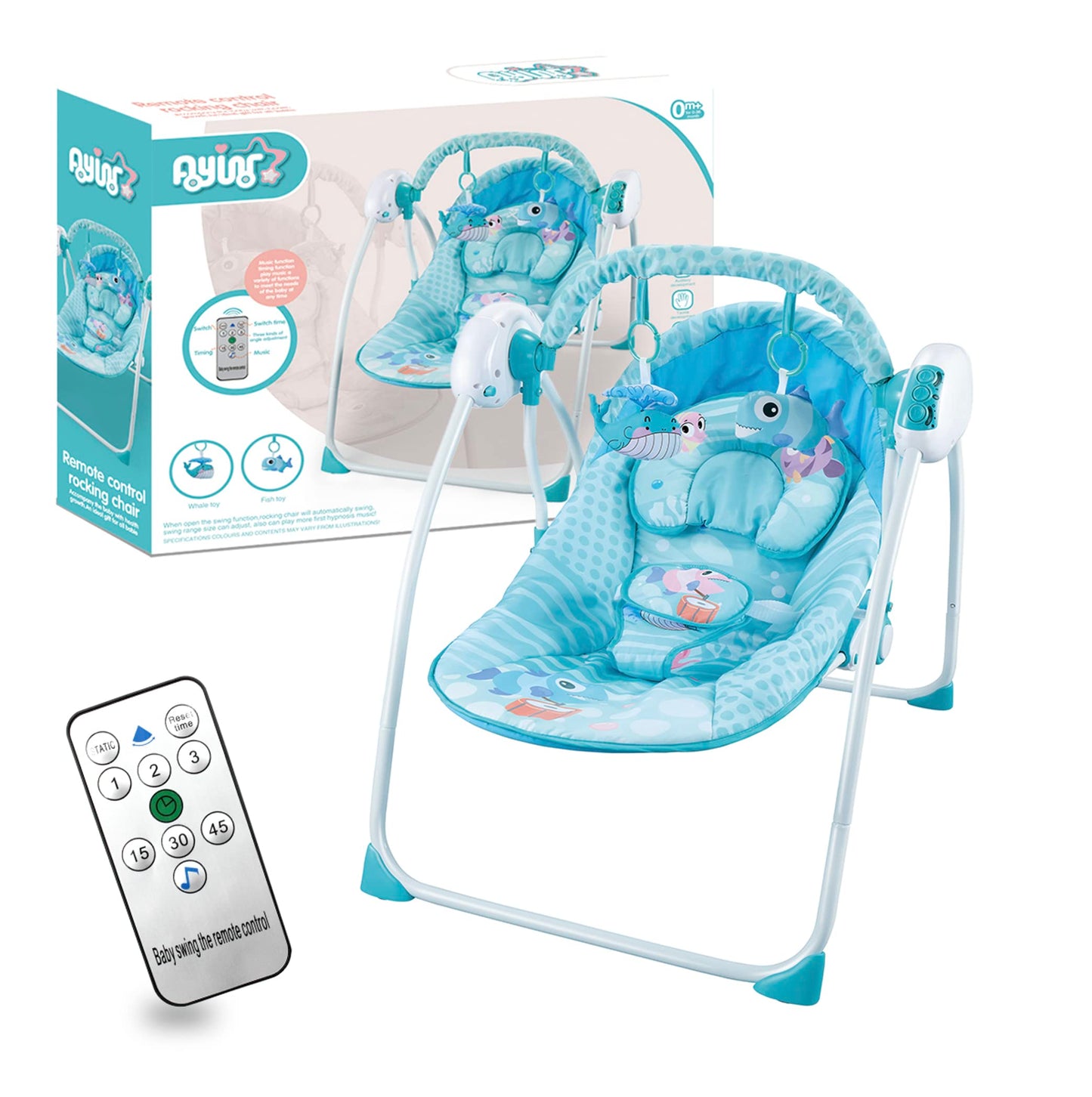 Silla Mecedora Eléctrica Raganet Azul con Control Remoto y Mosquitero para Bebés