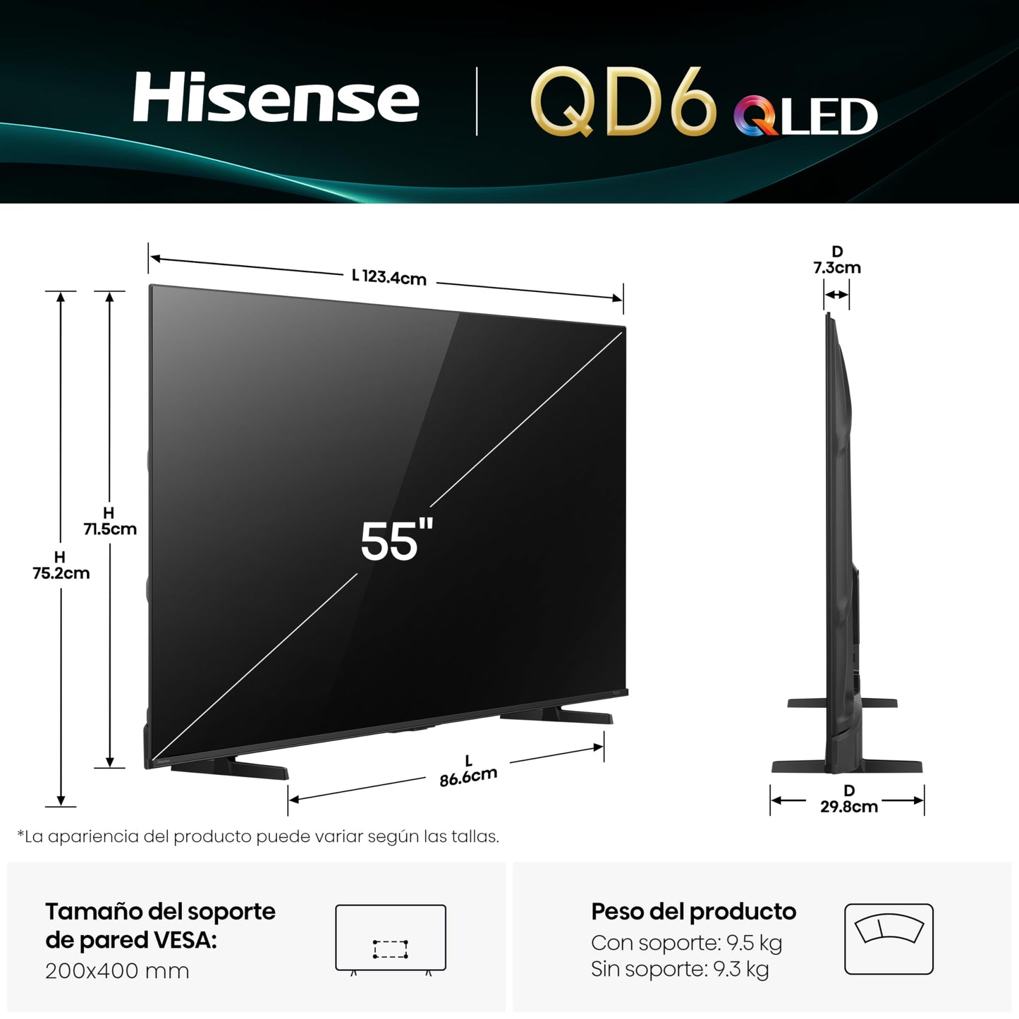 Hisense Television QD6QFM(Modelo 2025) Pantalla 55 Pulgadas,QLED Smart Fire TV UHD 4K,Control Remoto por Voz con Alexa,Escalado AI a 4K,Dolby Vision Atmos, Modo de Juego Plus
