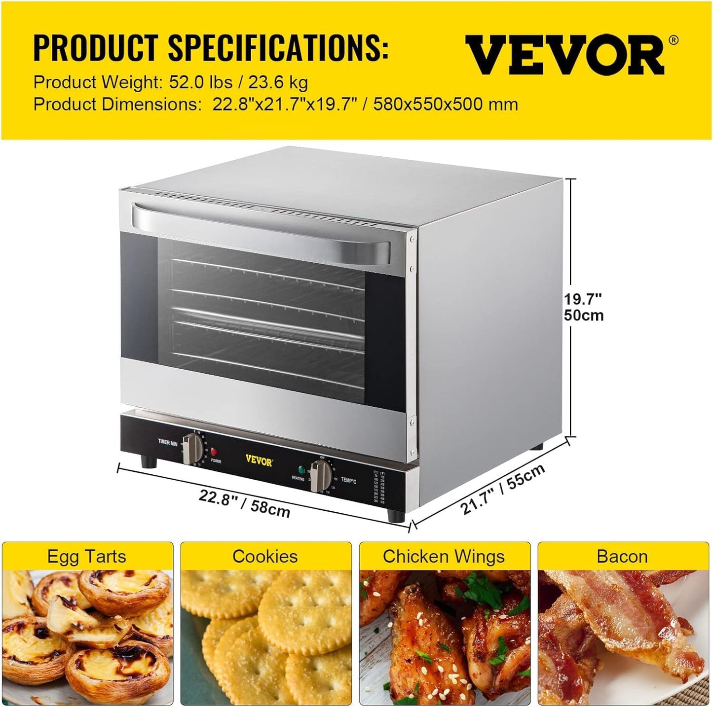 VEVOR - Horno de convección comercial, 66 L/60 cuartos de galón, encimera de horno convencional de tamaño medio, tostador de 4 niveles de 1800 W con puerta frontal de vidrio, con bandejas de alambre,