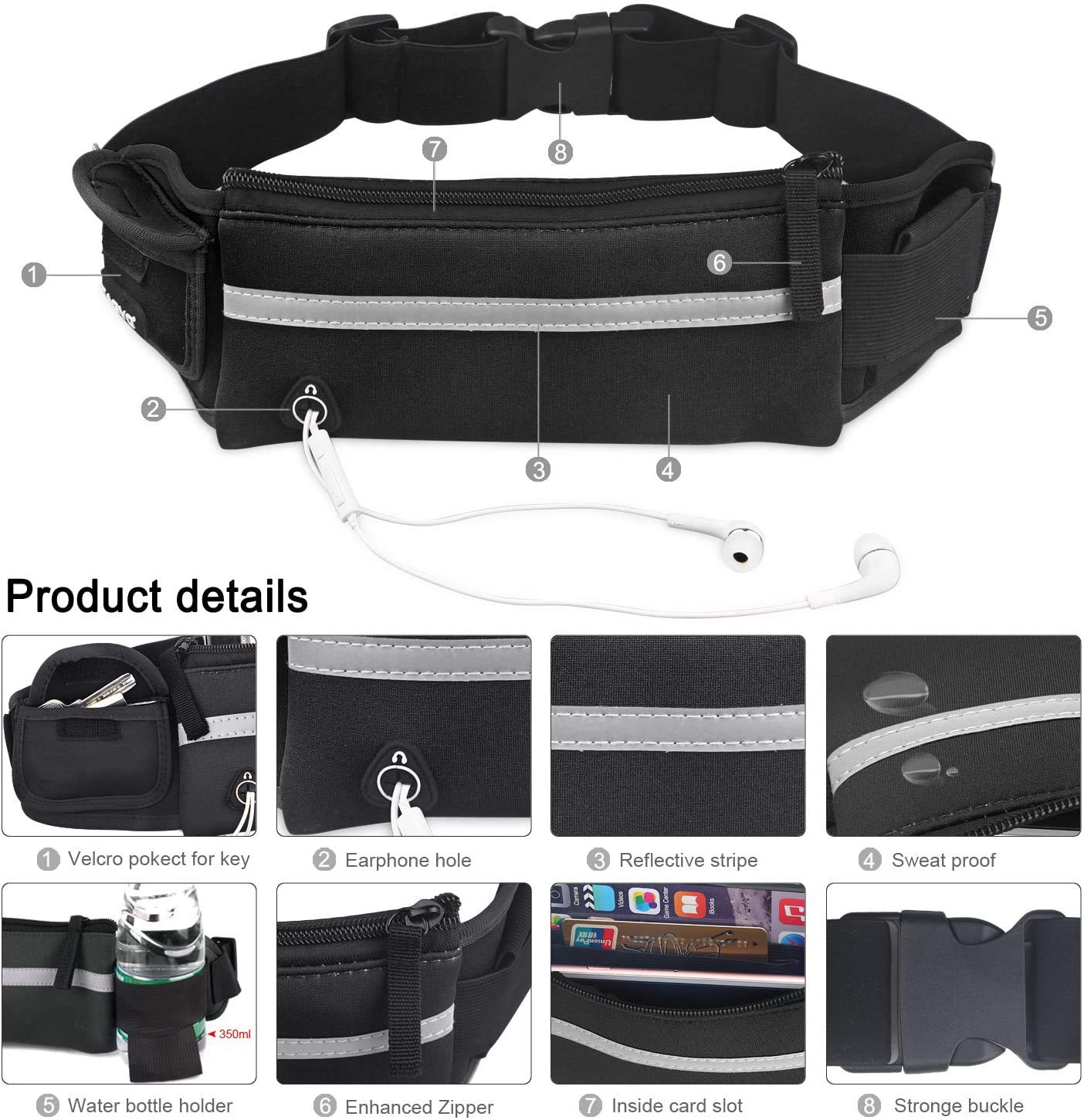 Cangurera Deportiva Riñonera Reflectante Unisex Negra con Correa Ajustable para Running y Seguridad de Accesorios
