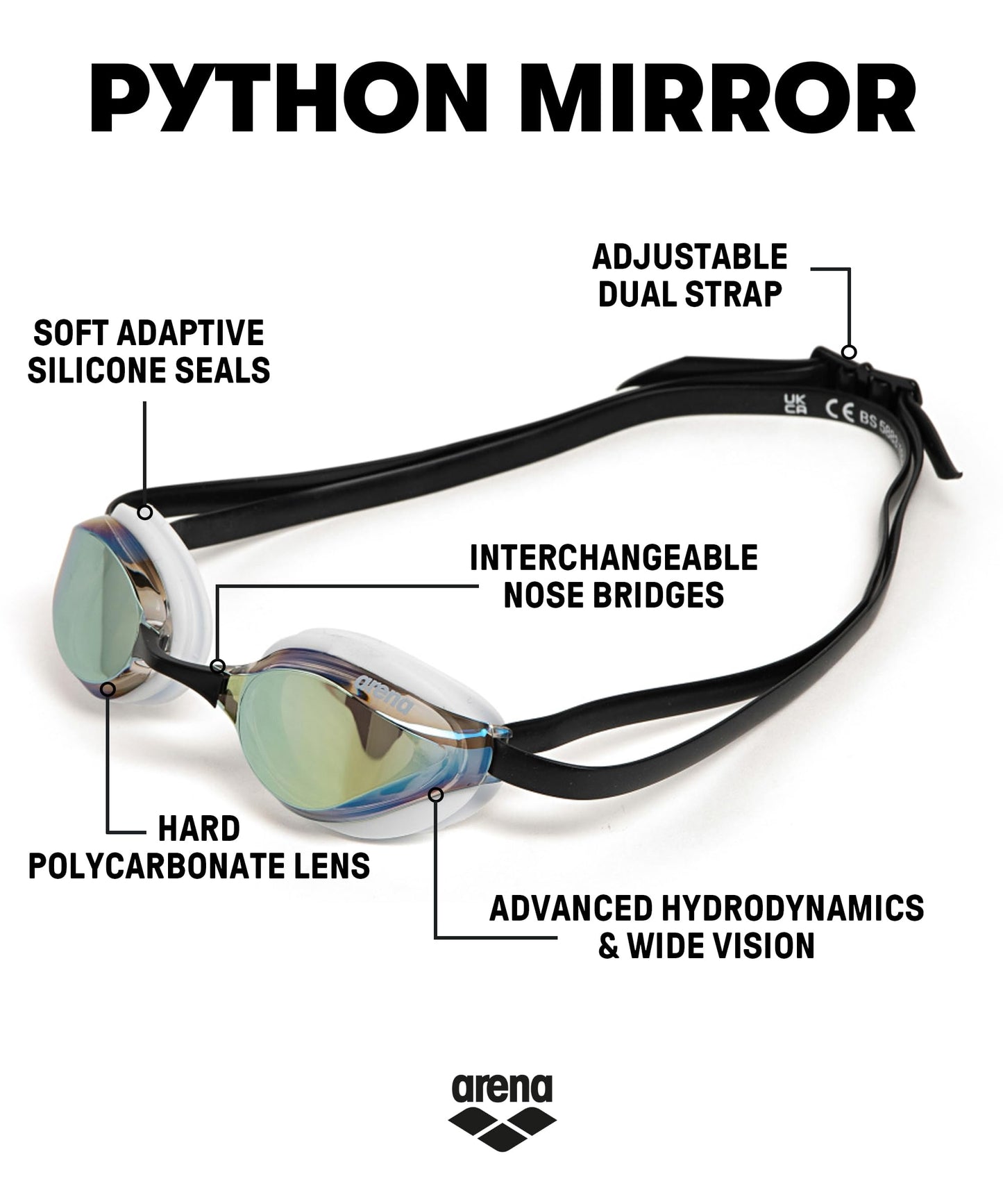 ARENA - anteojos de natación unisex para adultos, para hombres y mujeres, lentes de espejo antivaho, máxima comodidad, doble correa, dorado/blanco/negro