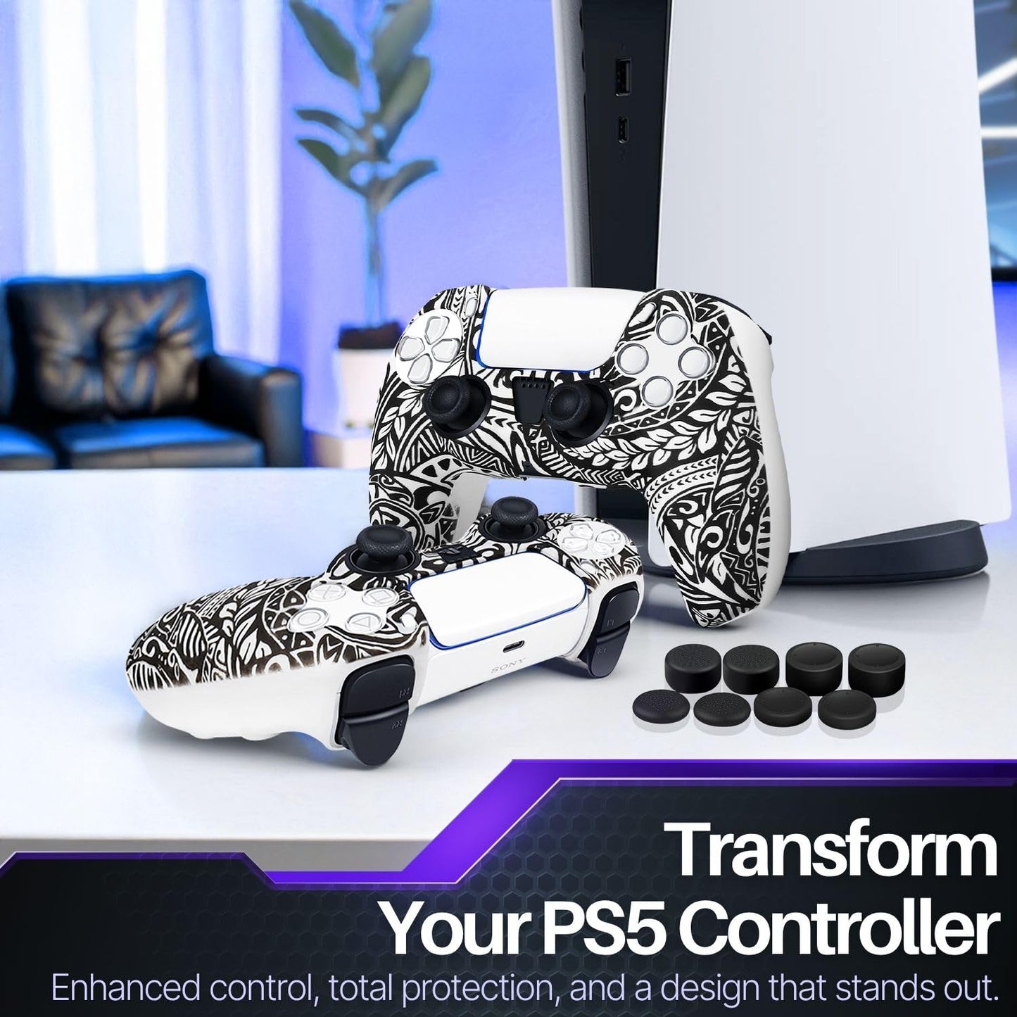 Funda de Silicona TNP PS5 Negro con 8 Empuñaduras Tribales Ergonomía para PlayStation 5