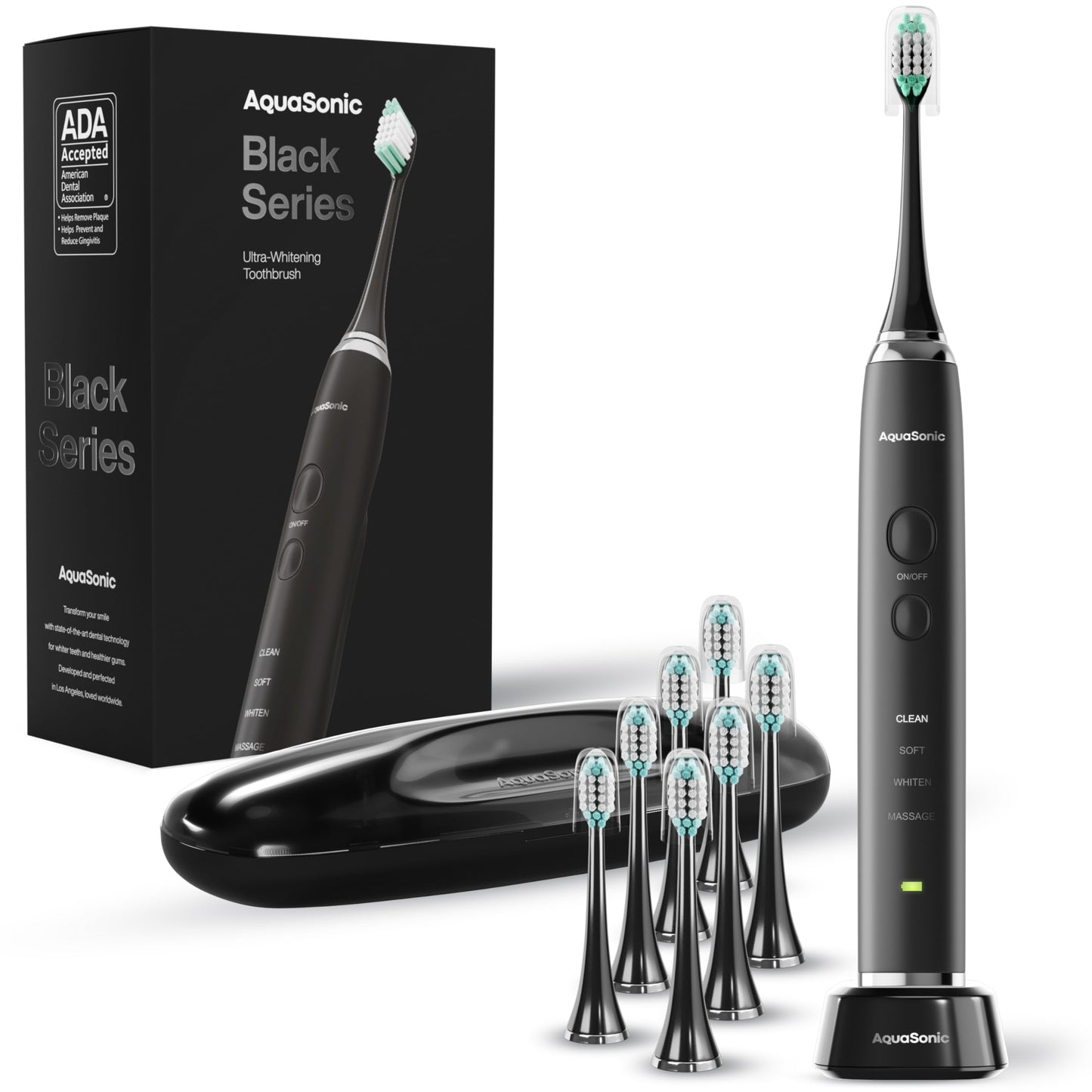 AquaSonic Black Series Cepillo de dientes Ultra Blanqueador - Cepillo de dientes Recargable Aceptado ADA - 8 cabezales de cepillo y estuche de viaje - Motor Ultra Sonic y carga inalámbrica - 4 modos w Temporizador inteligente - Sonic Electric