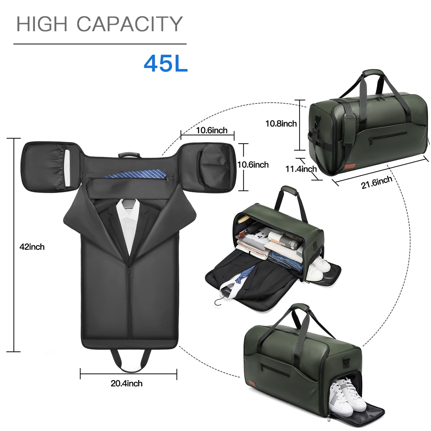 Bolsas de ropa para viajes, bolsas de traje para hombres, viajes, bolsa de ropa con compartimento para zapatos, bolsa de ropa convertible 2 en 1 impermeable con correa para el hombro,Moda y negocios
