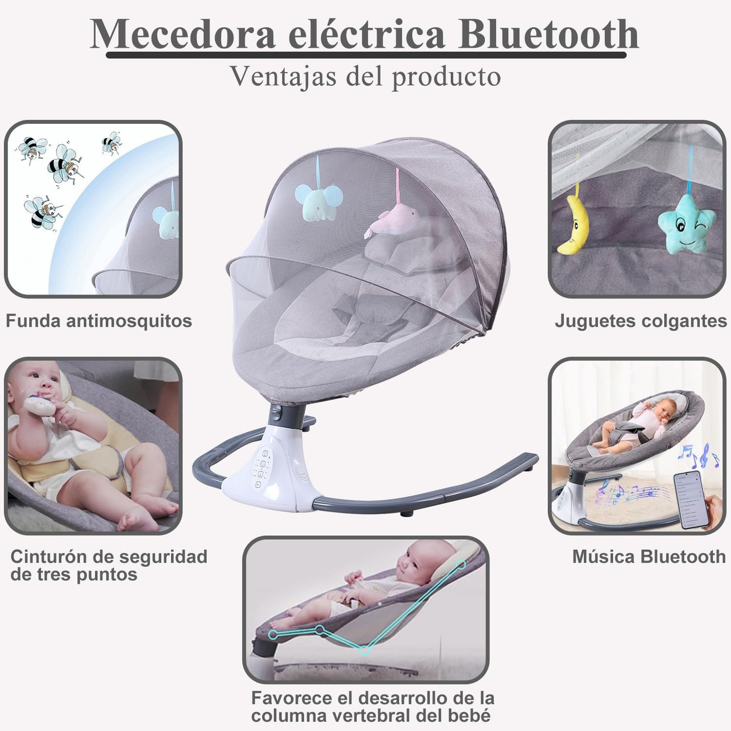 Columpio eléctrico para bebé, mecedora portátil para bebé, mecedora de interior con mando a distancia y bluetooth, 12 canciones de cuna, 4 velocidades de balanceo, arnés de 3 puntos (Gris pálido)