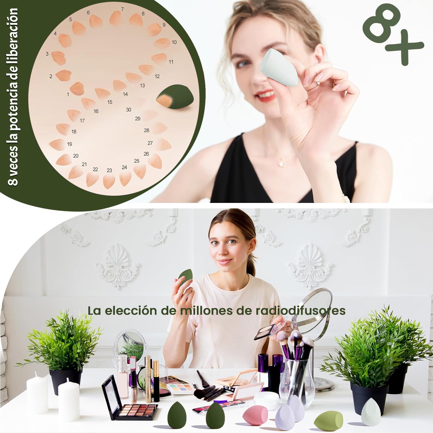 Set de 8 esponjas de maquillaje en 3 formas | Beauty Blender para aplicación en piel seca y húmeda | Esponjas faciales de maquillaje en color verde | Kit profesional para maquillaje completo